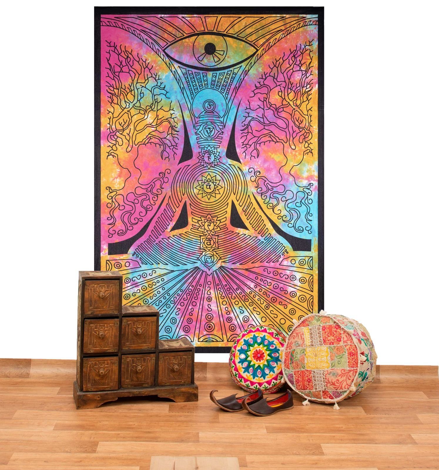Wandteppich Tagesdecke Wandbehang Bunt Tuch Buddha Chackra Meditation 200x135cm, KUNST UND MAGIE