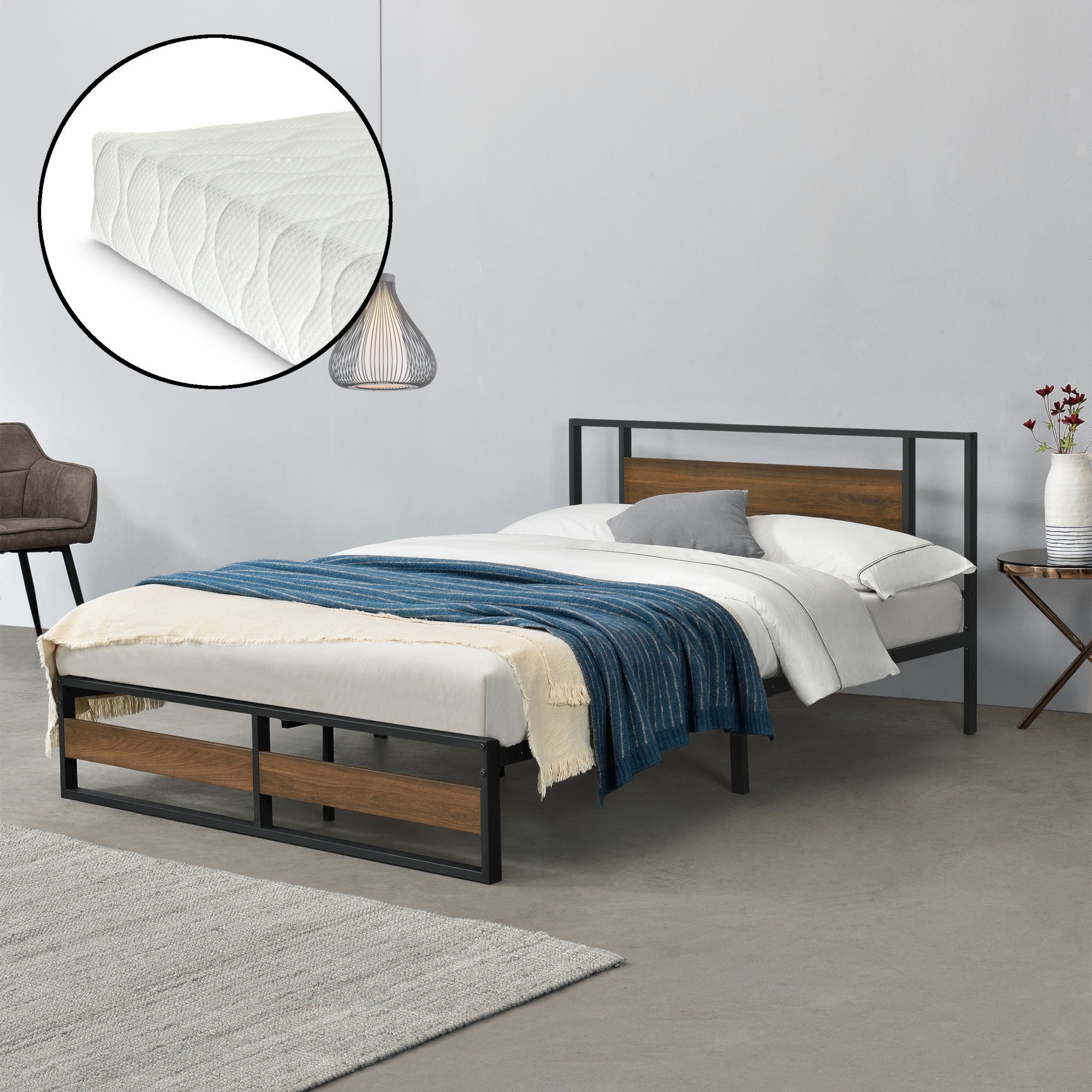 en.casa Metallbett, Villach Ehebett mit Kaltschaummatratze 140 x 200 cm