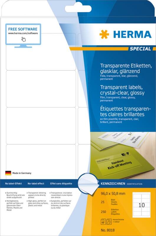 HERMA Transparente Etiketten 8018 Rechteckig DIN A4 96 x 50,8 mm 25 Blatt à 10 Etiketten