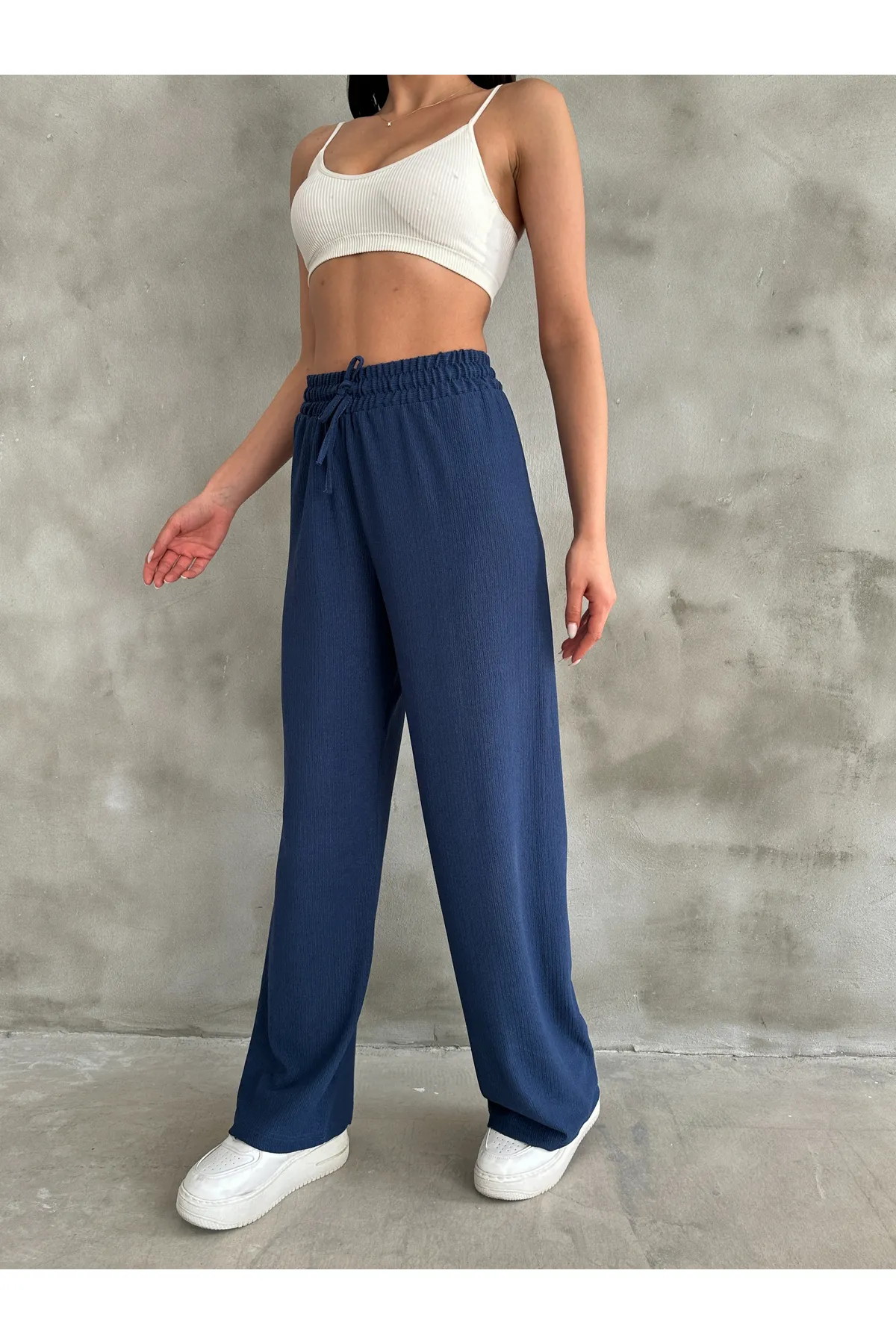 BEJNA  Marineblaue Palazzo-Hose für Damen – elastischer Bund