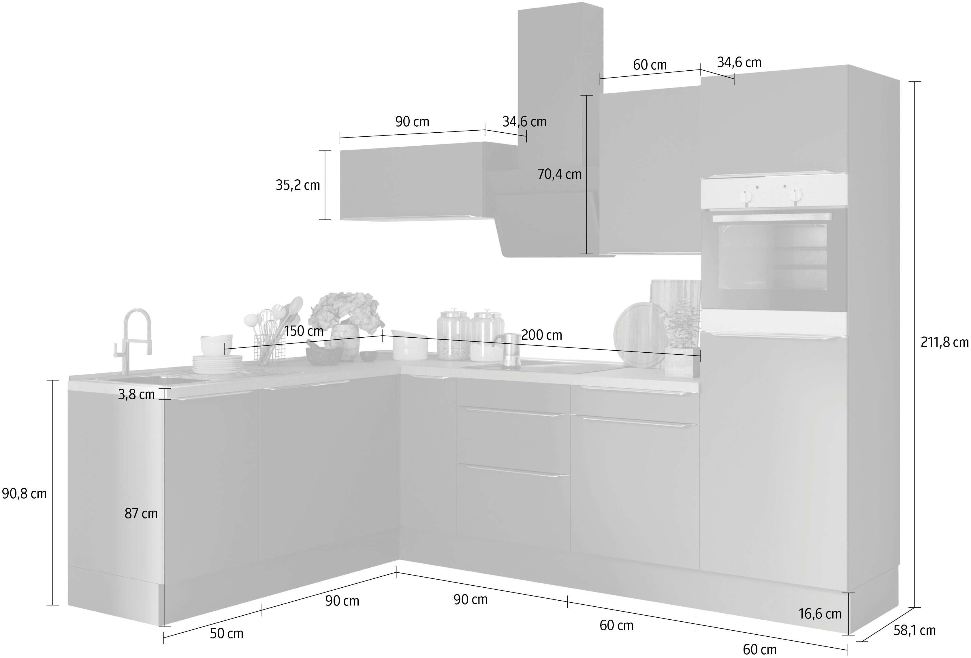 OPTIFIT Winkelküche Aken, mit E-Geräten, Stellbreite 200 x 270 cm
