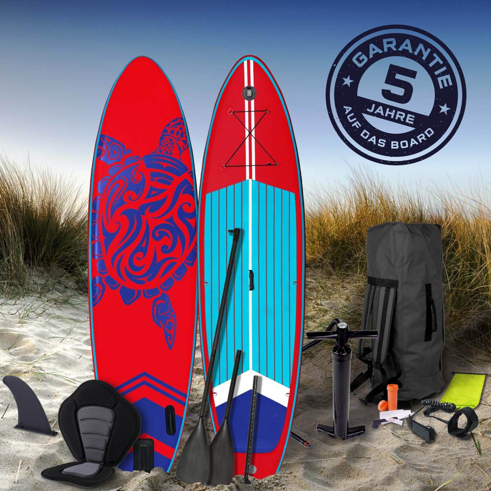 BRAST SUP-Board BRAST SUP Board SUPER Set Aufblasbares Stand up Paddle mit extra Zubehör 320x81x15cm Rot incl. Kajaksitz Kamerahalterung Paddel Fußschleife Rucksack Pumpe