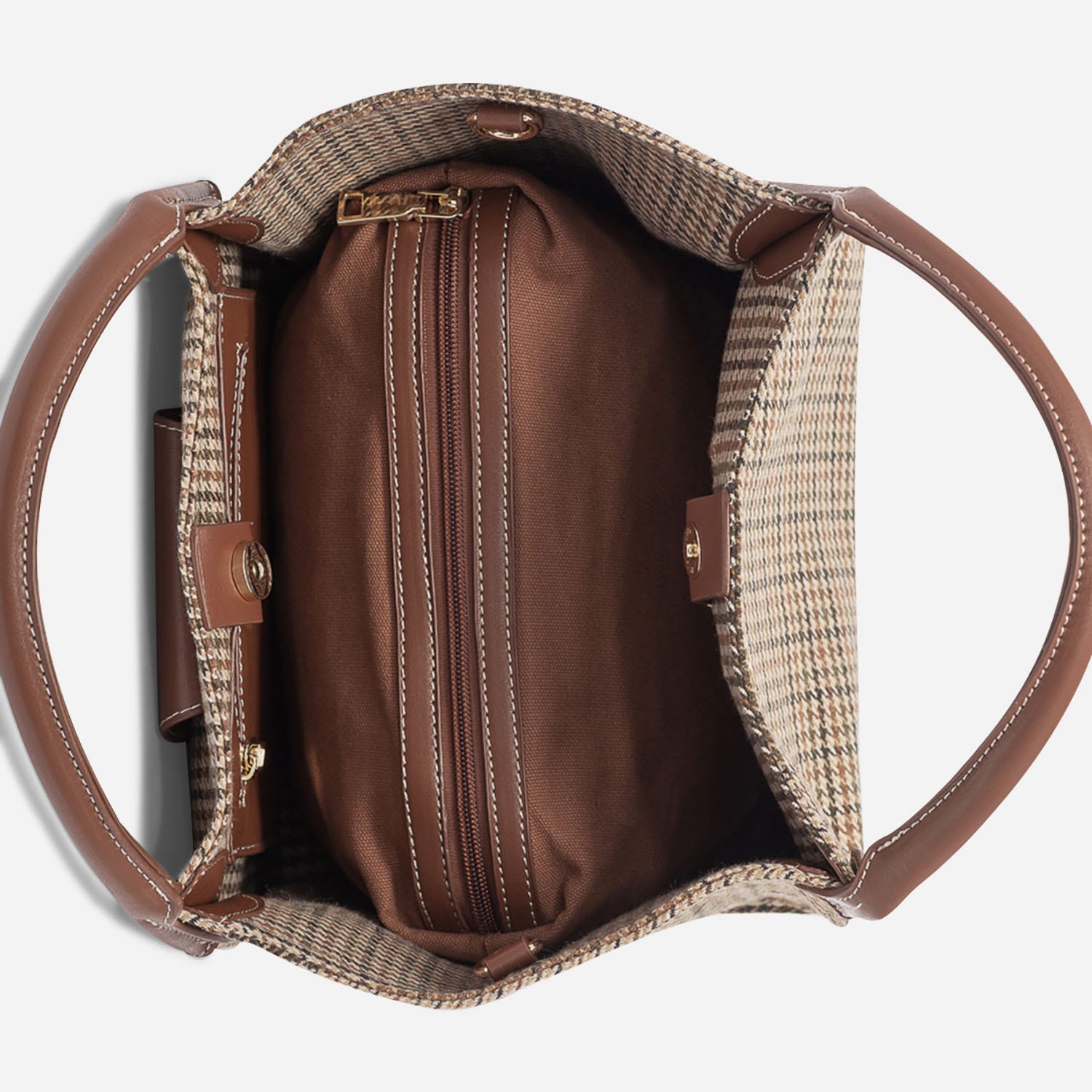 Sac à main marron à motifs pied-de-poule