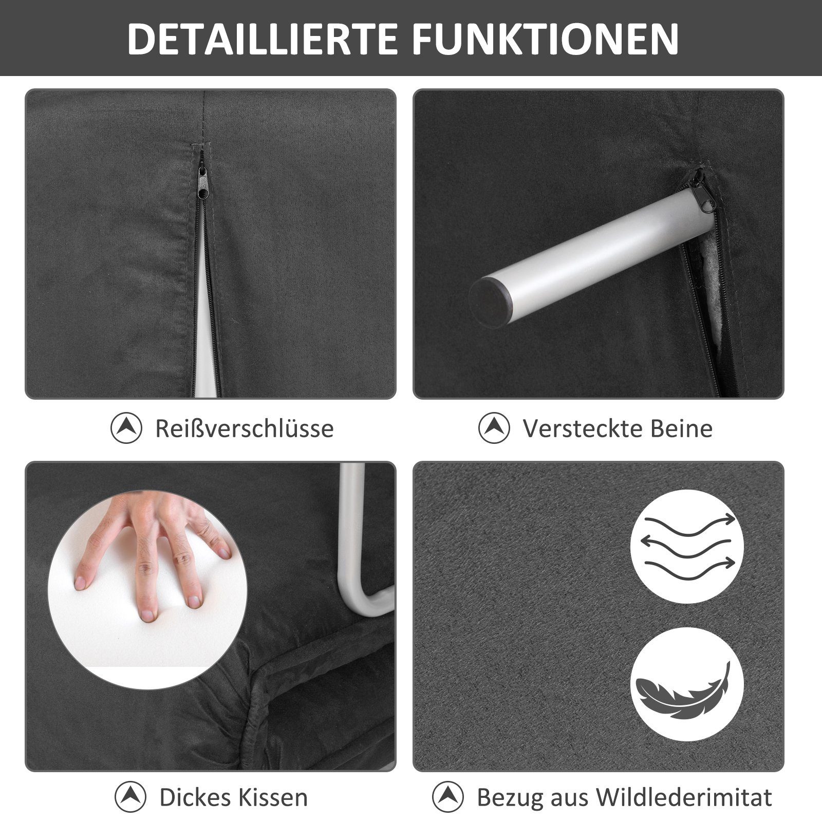 HOMCOM Schlafsofa Doppelsofa, Set 1 Teile, Schlafsessel Klappbett Gästebett Chaiselongue 3-in-1 Grau