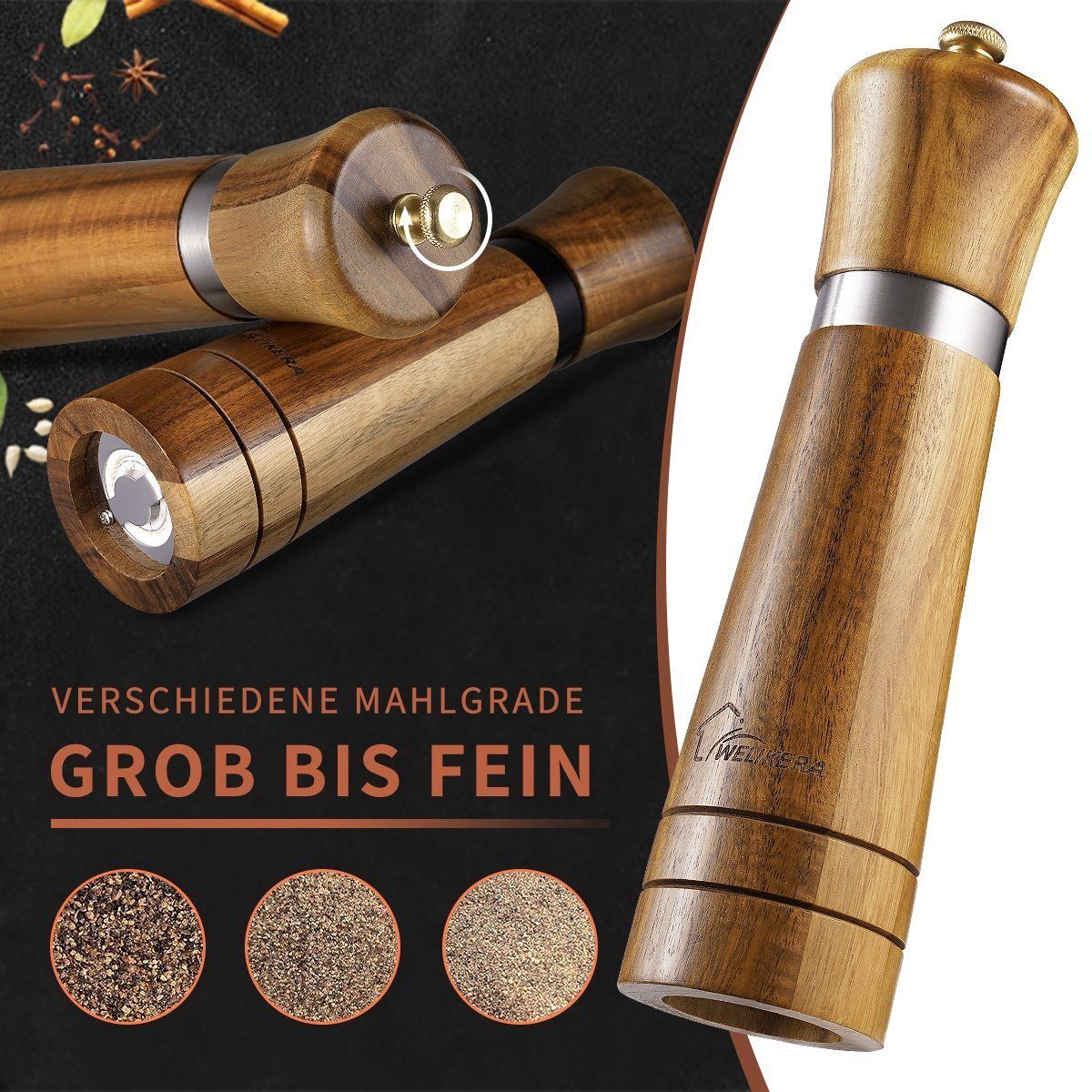 DOPWii Pfeffermühle Salz und Pfeffermühle,22cm Manuelle Gewürzmühle 2er Set