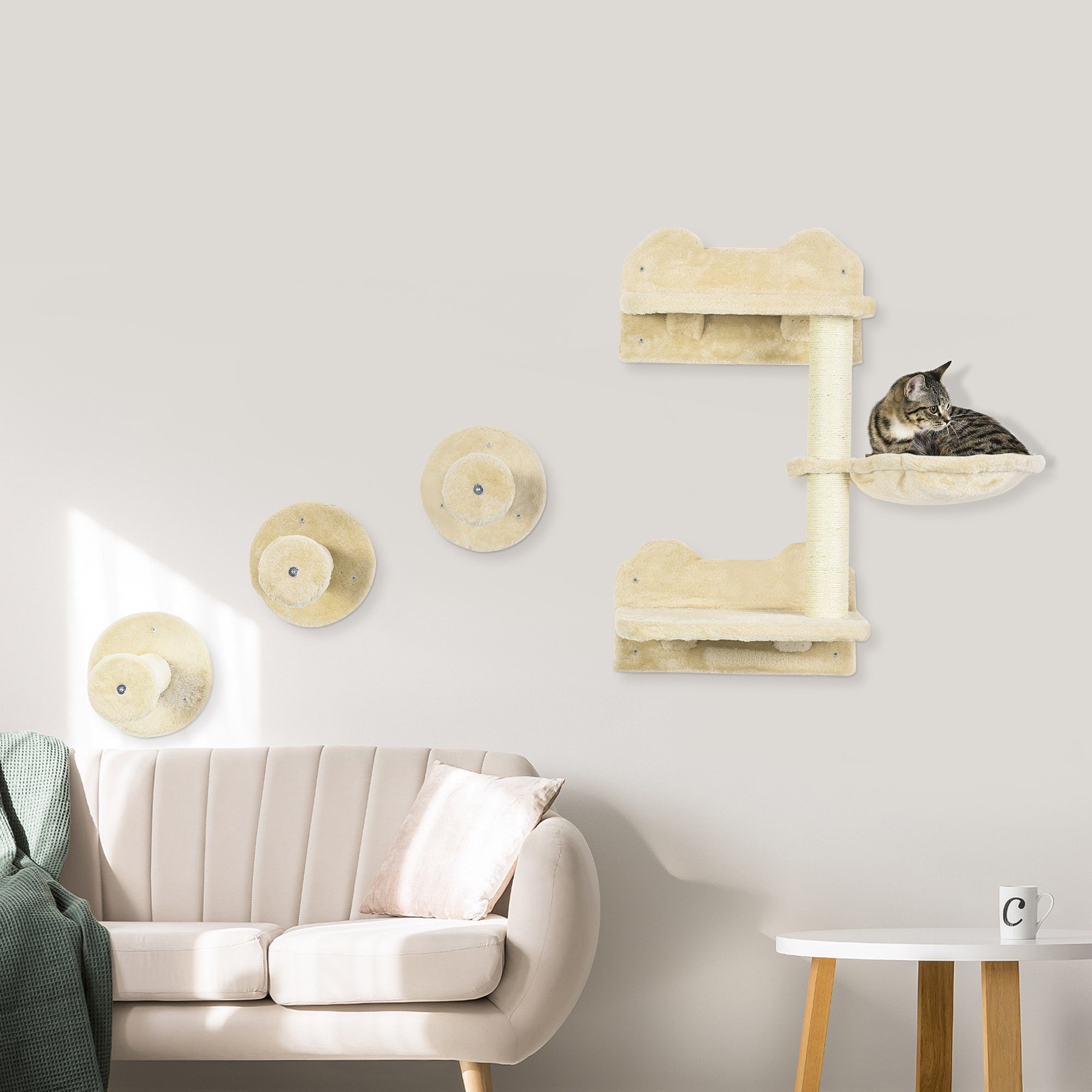 PawHut Katzen-Kletterwand Katzen Kletterwand, 4-teilig, Katzentreppe, Sisal, Beige+Cremeweiß, mit Hängematte, 40 x 28 x 73cm