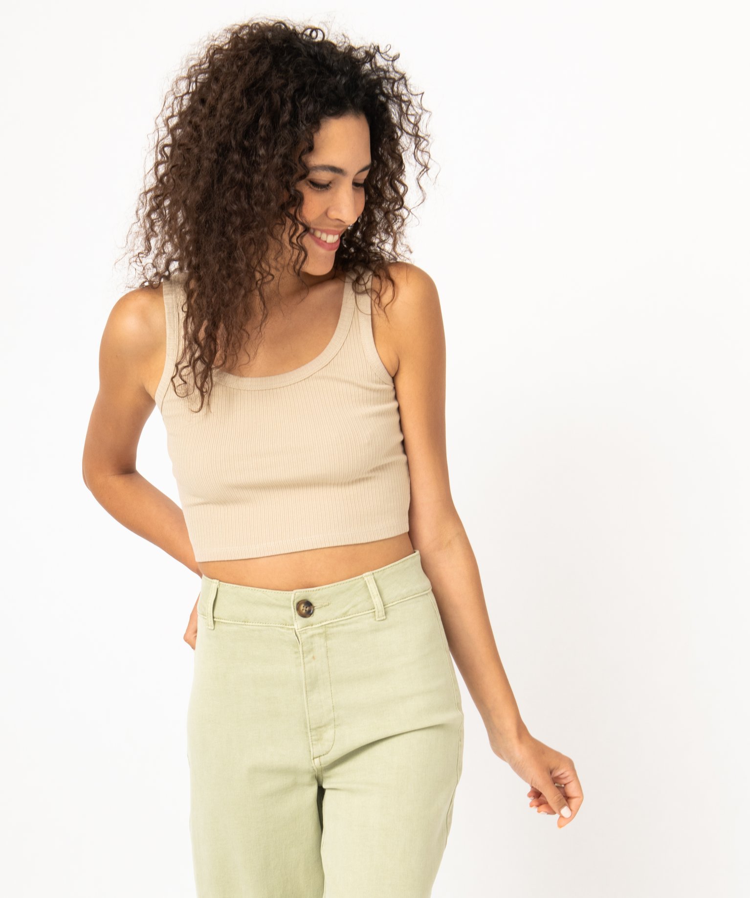 Débardeur court en maille ctelée femme beige | GEMO