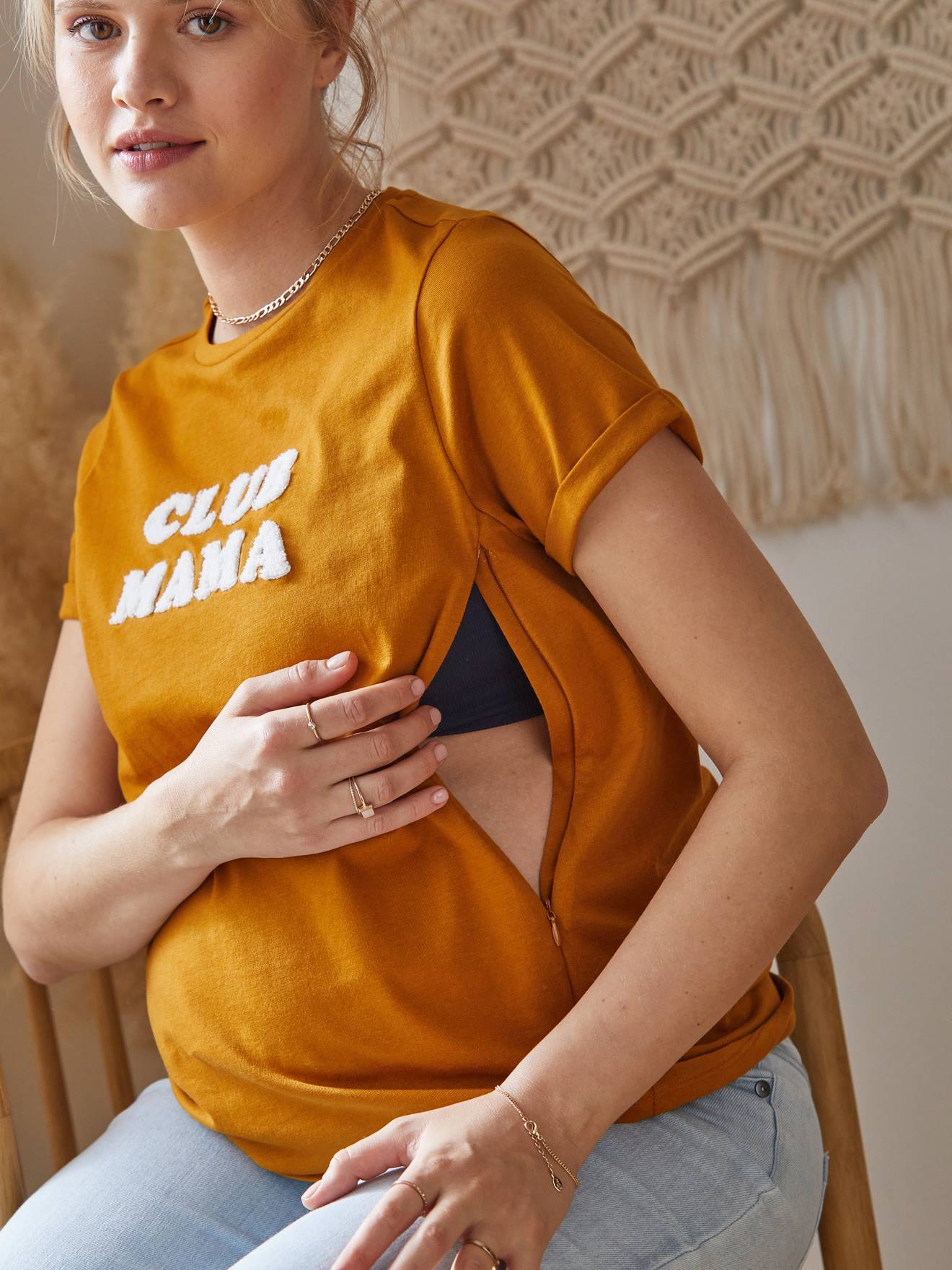 Vertbaudet Bio-Kollektion: T-Shirt für Schwangerschaft & Stillzeit CLUB MAMA, personalisierbar - senfgelb