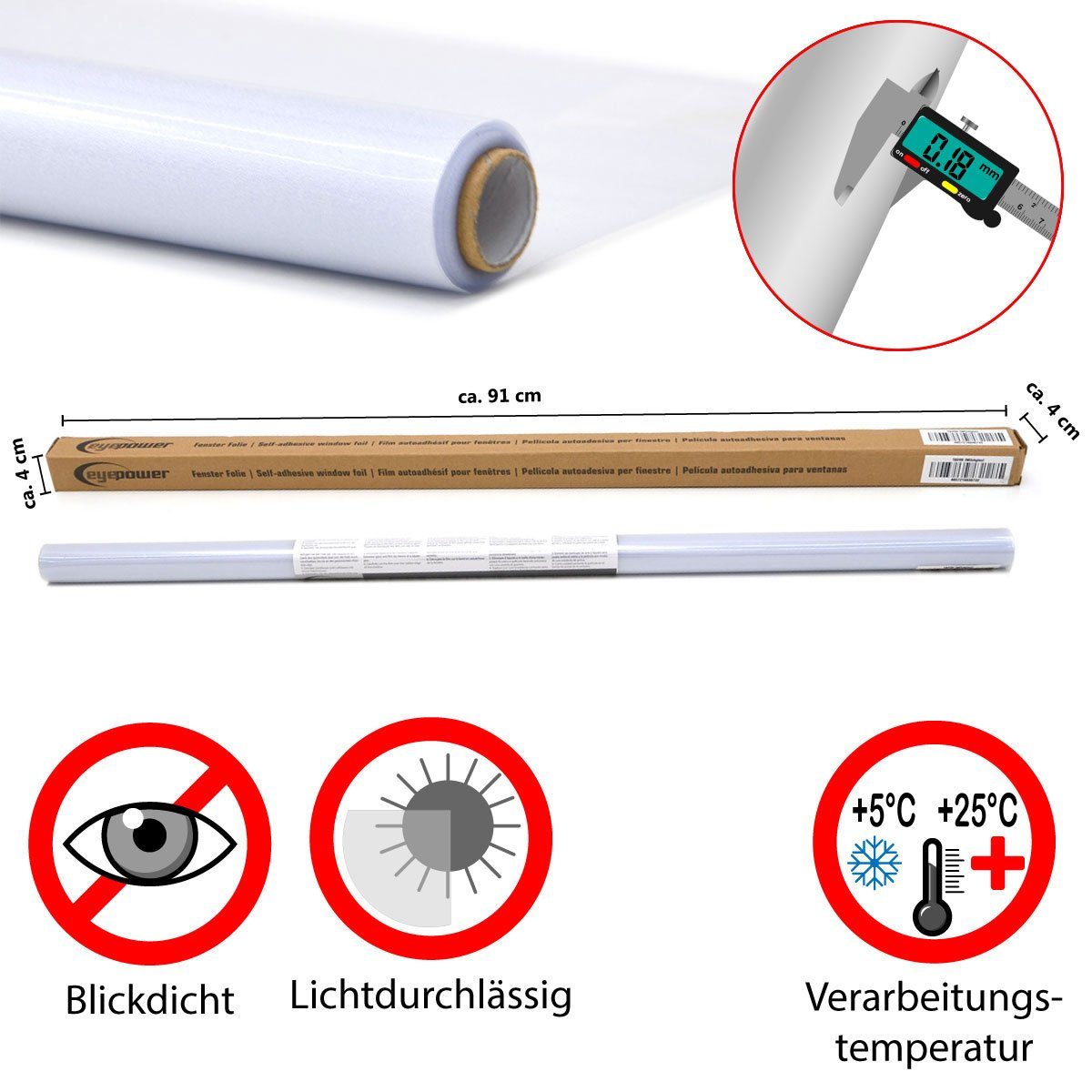 Fensterfolie Sichtschutz Fensterfolie 90x200 cm Milchglasfolie, eyepower, Selbst-Haftend Sonnenschutz