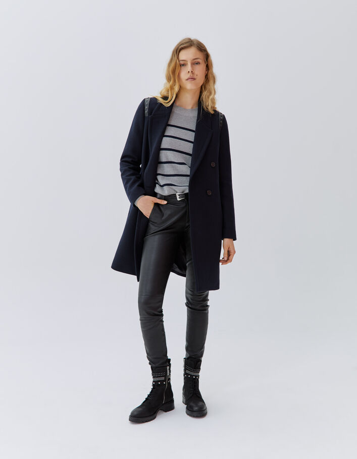 Pull gris tricot à rayures marine et clous Femme