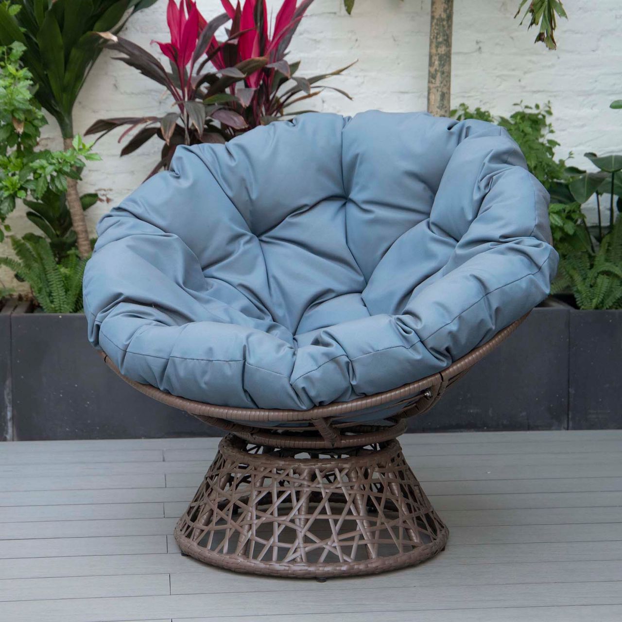 PureHaven Lounge Sessel 92x80x80,5 cm aus Rattan Rundkissen drehbar 360 Grad pflegeleicht elegantes Design verstellbare Kunststofffüßchen Braun/Blau