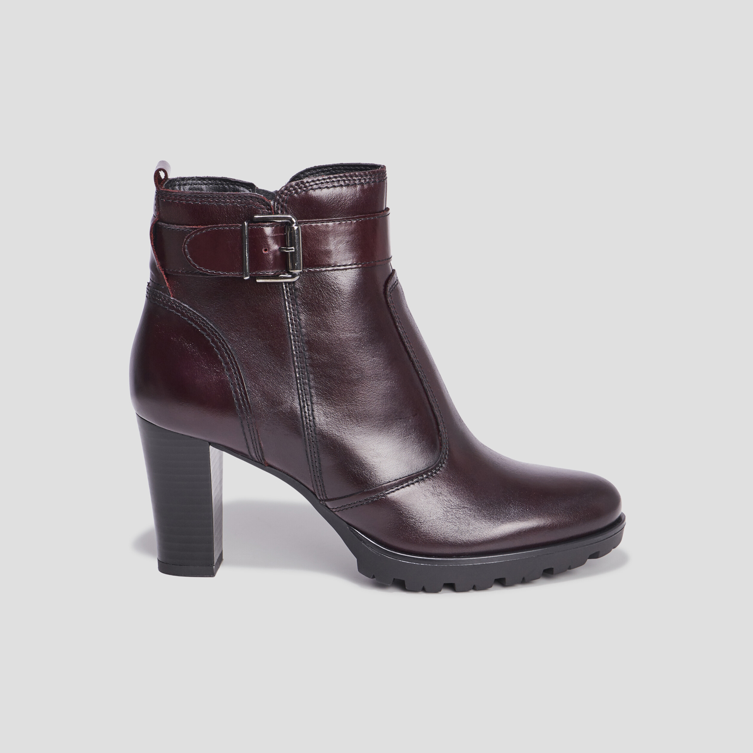 Bottines à talons avec boucles en cuir bordeaux femme | La Halle