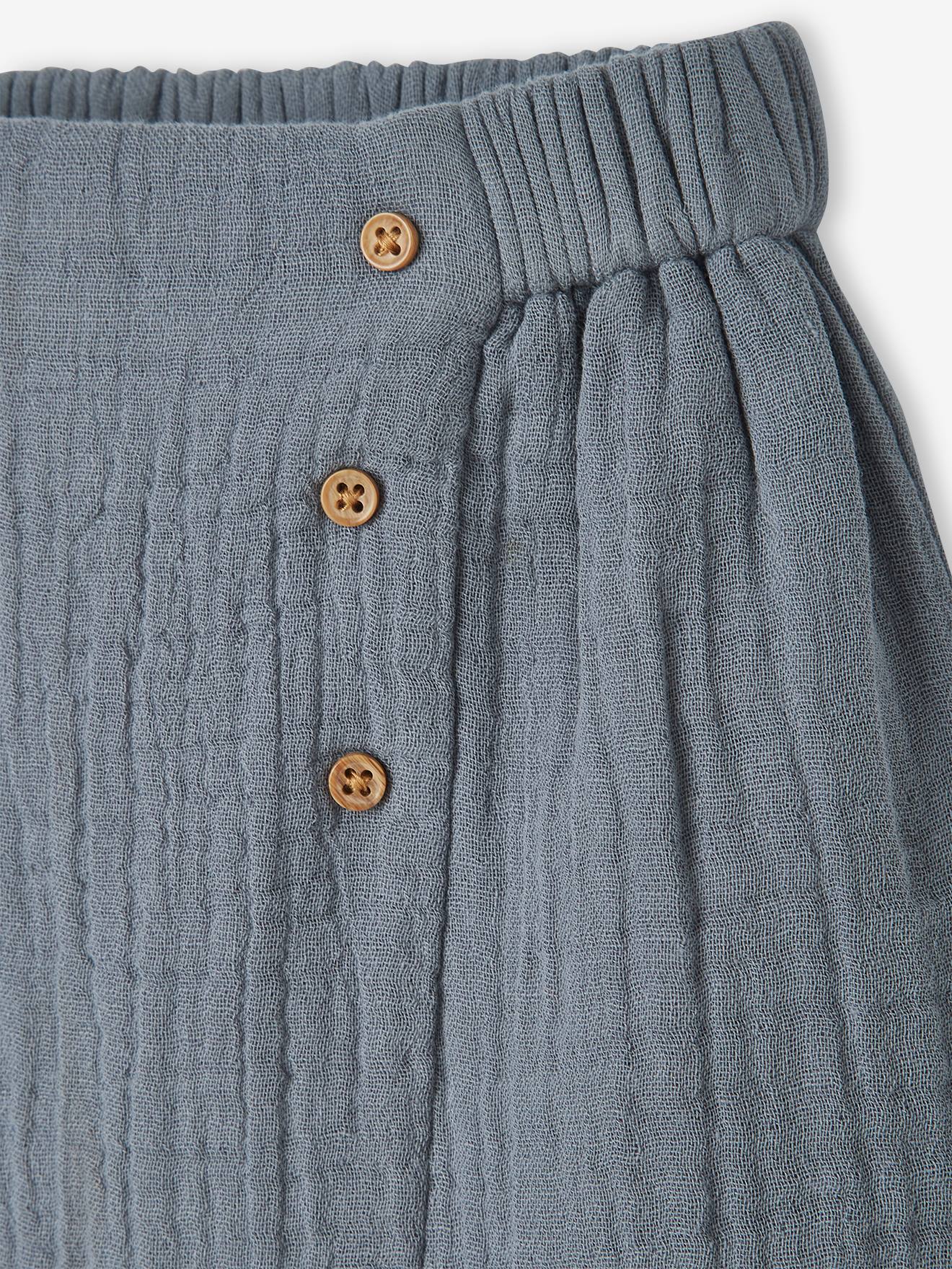 Pantalon en gaze de coton bébé doublure rayée naissance bleu gris