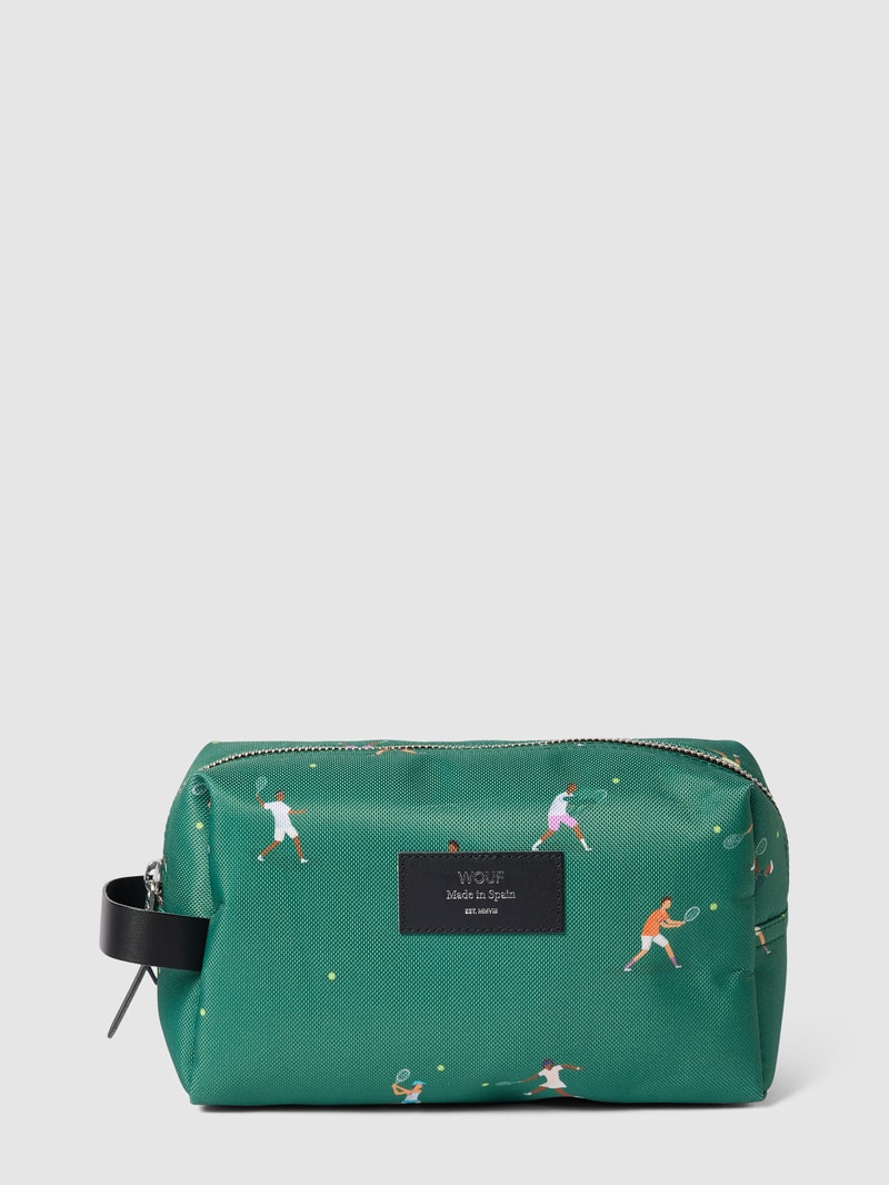 Kosmetiktasche mit Label-Patch in dunkelgrün