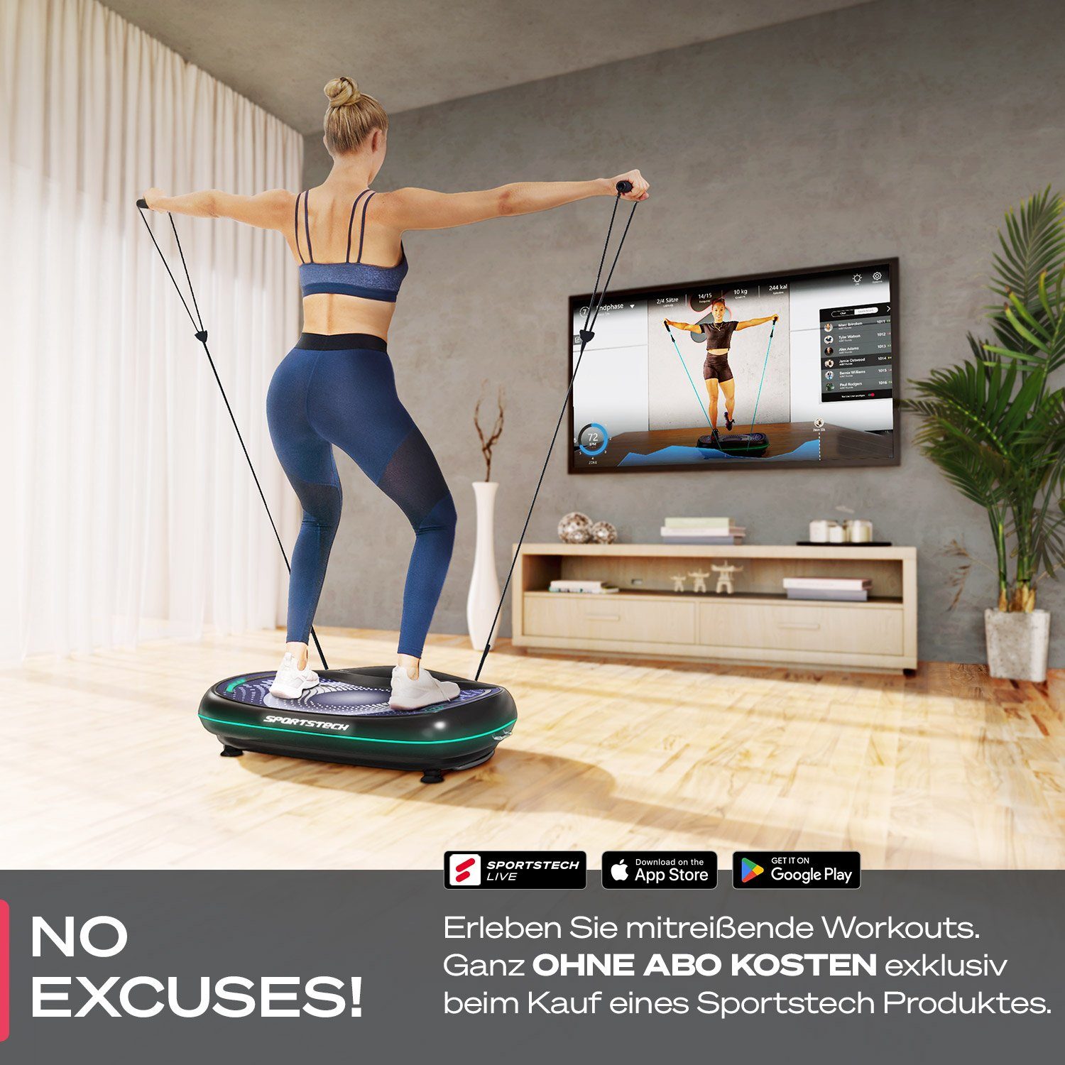 Sportstech Vibrationsplatte VP500, 60 Intensitätsstufen, Integr. Lautsprecher, Workout-Sitz, Transportrollen, Trolley-Funkt.