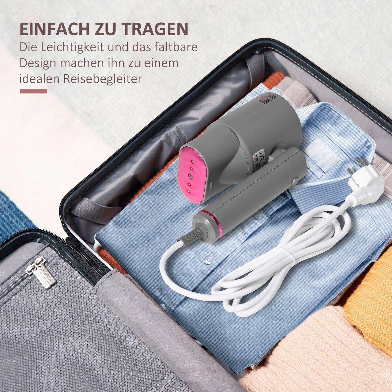 HOMCOM Dampfglätter Dampfbürste faltbar Kleidung Hemden Dampfbügeleisen mit 160 ml Wassertank 1520 W schnelles Aufheizen Aluminium Kunststoff Grau Rosa 27,5 x 18,2 x 9 cm