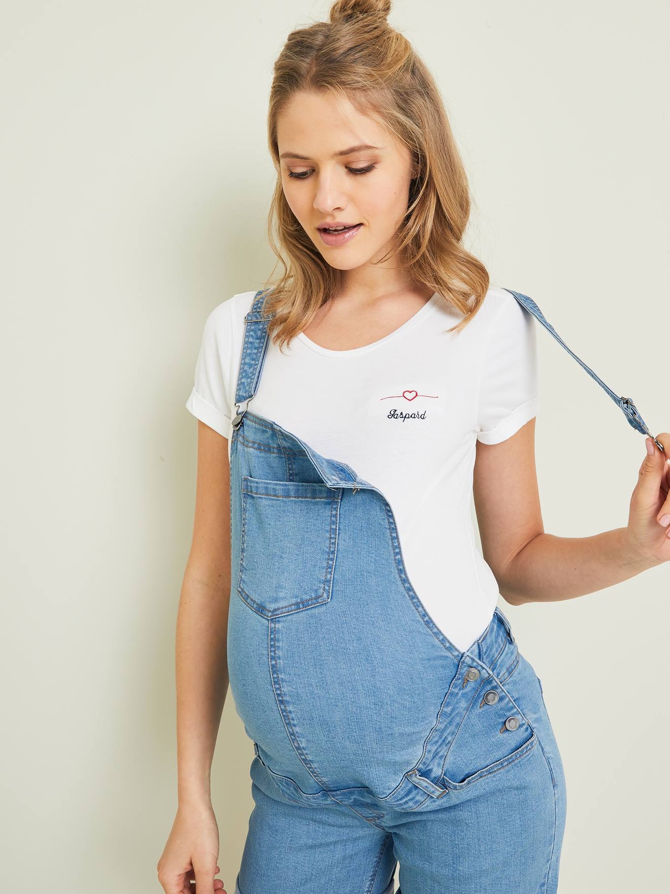 Salopette short en jean de grossesse double stone