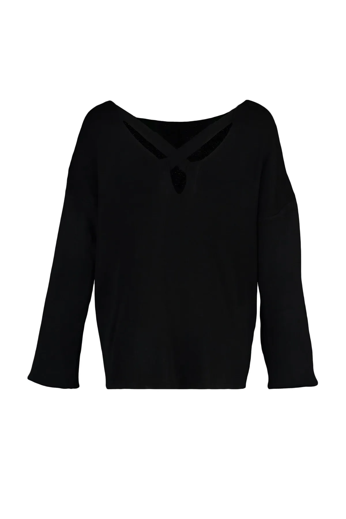 Trendyol Curve  Schwarzer Strickpullover mit Kreuzbanddetail auf der Rückseite