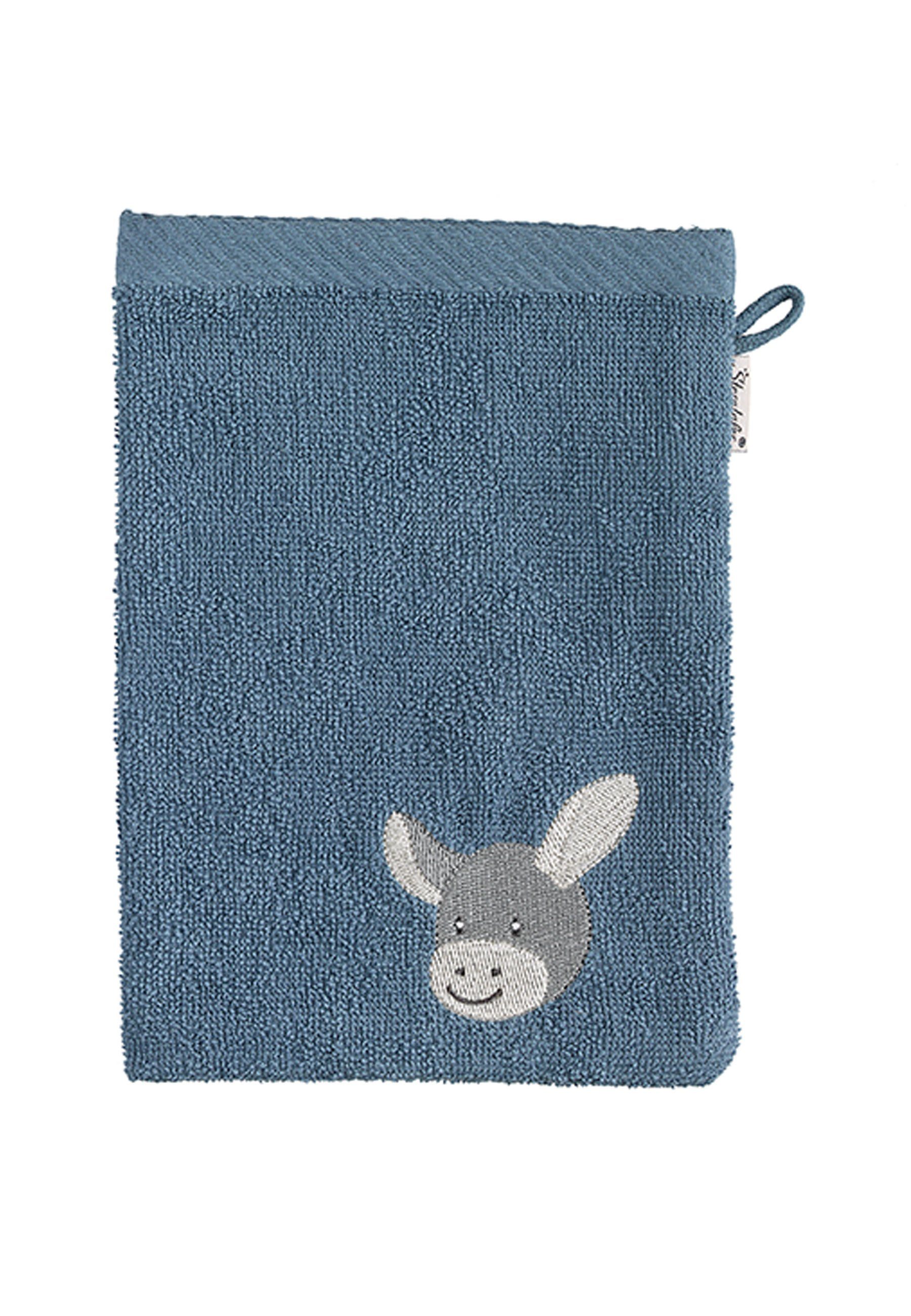 Sterntaler® Waschhandschuh 3er-Pack GOTS Waschhandschuhe Emmi (Stay true to nature, 1-tlg), Waschhandschuh - Nachhaltiger 3er Waschlappen Esel Emmi aus Frottee - Babywaschlappen Motiv Esel Emmi in Graublau, 15x21 cm - Seiftuch mit appliziertem Stickm