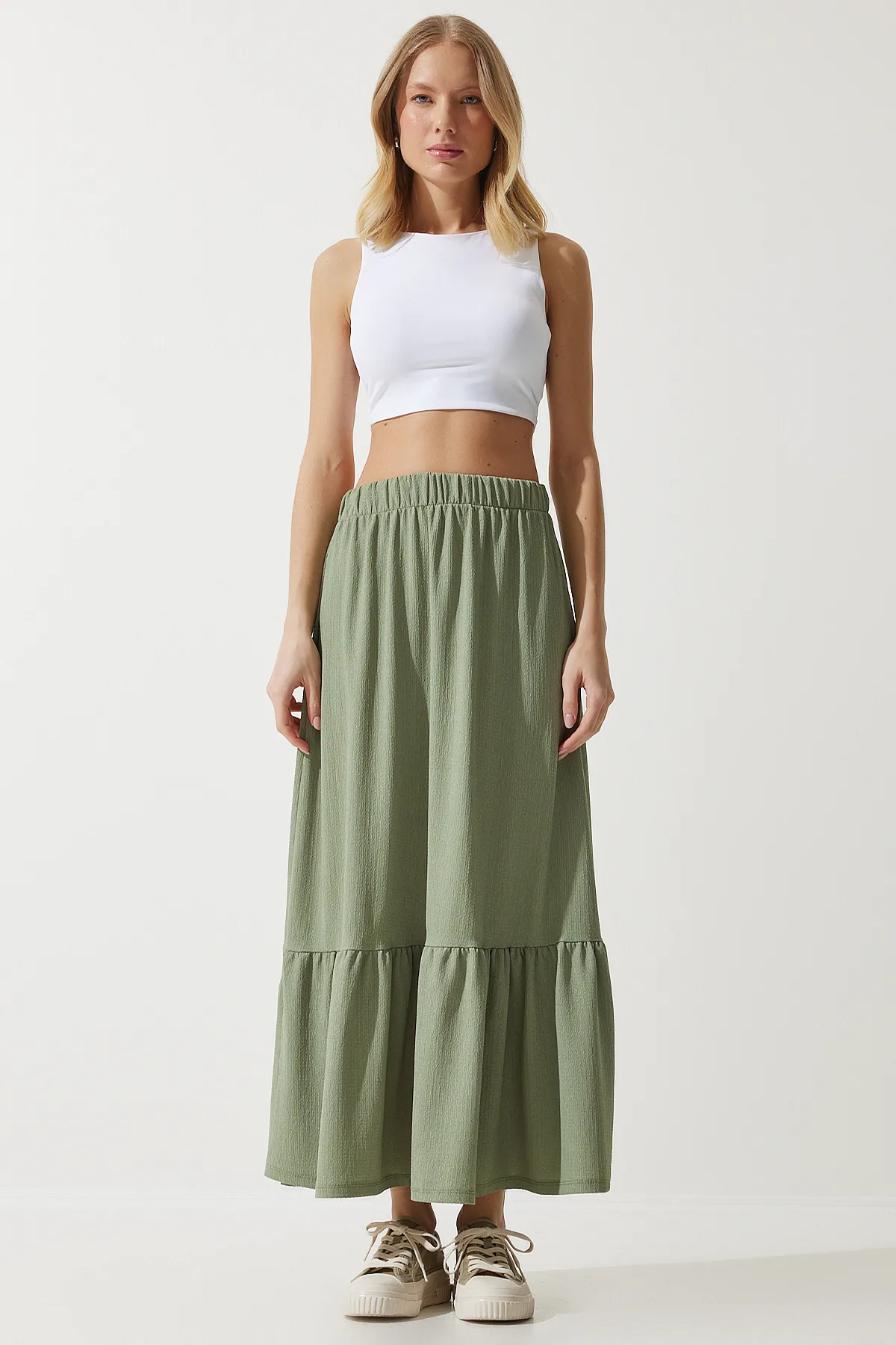 Happiness İstanbul  Grüner Volant-Sommer-Midirock für Damen DD01231