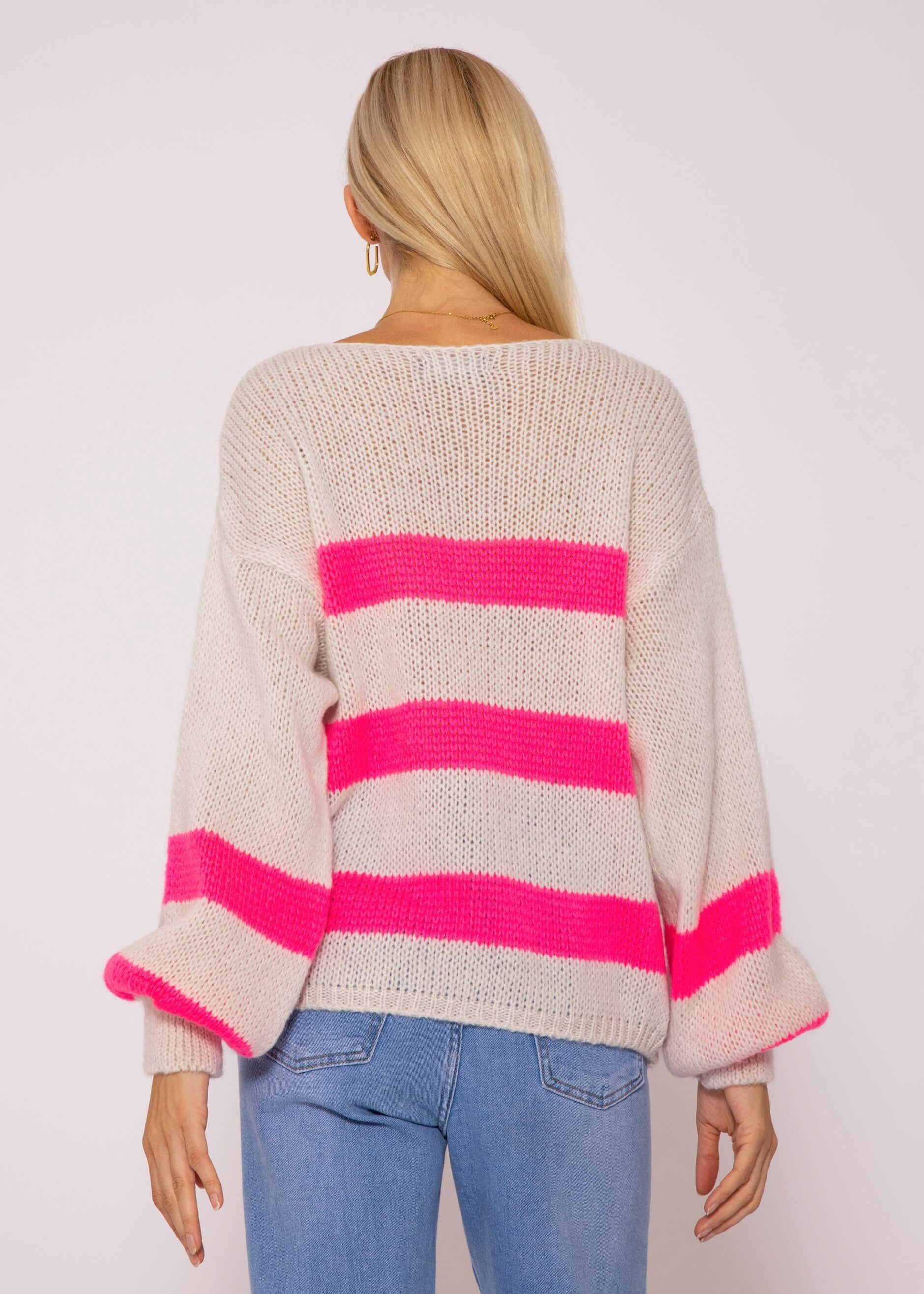 SASSYCLASSY Strickpullover Oversize Pullover Damen aus weichem Grobstrick Lässiger Strickpullover mit Streifen und V-Ausschnitt, Made in Italy