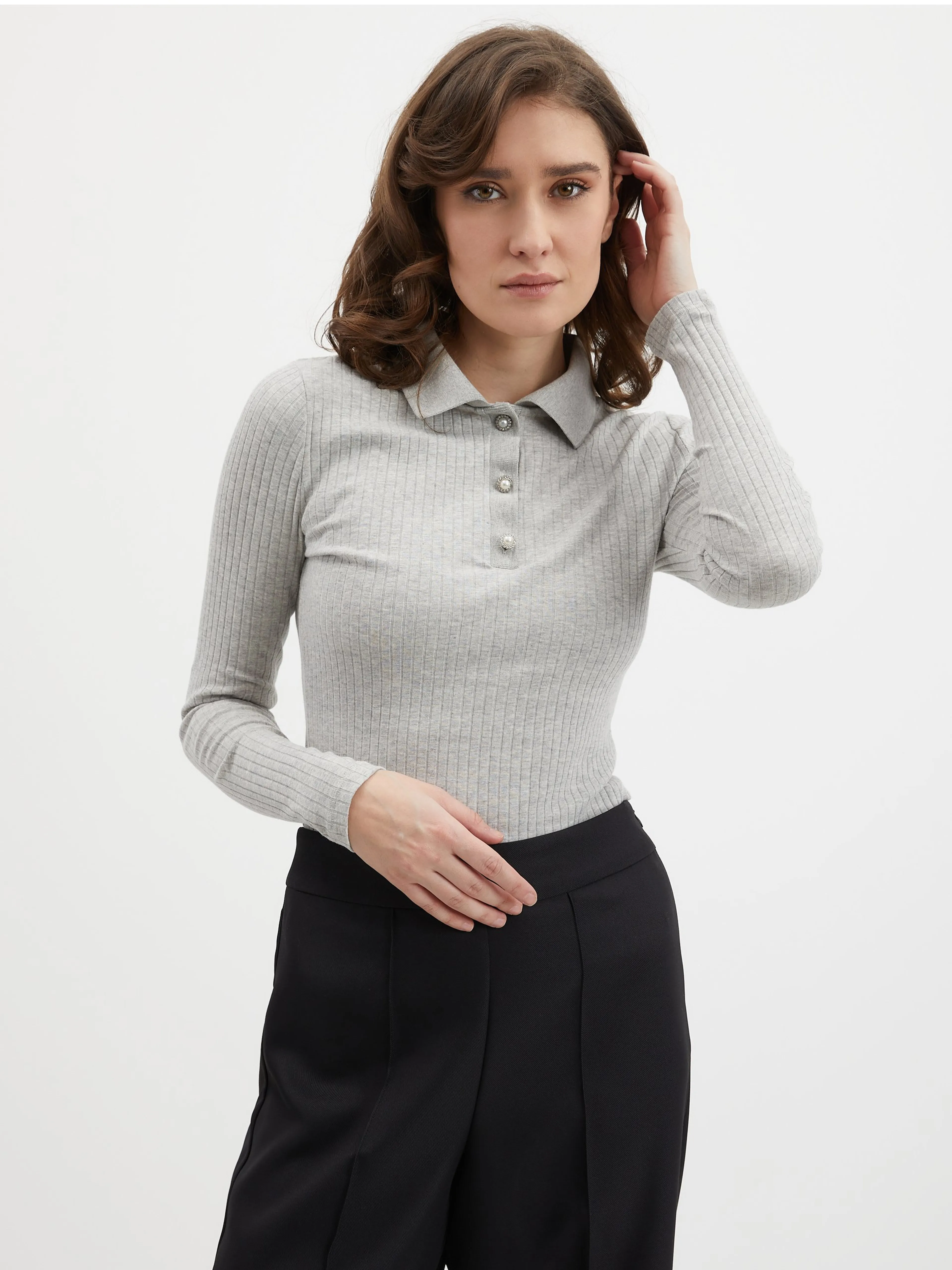 Hellgrau gestreiftes Damen-Poloshirt ORSAY
