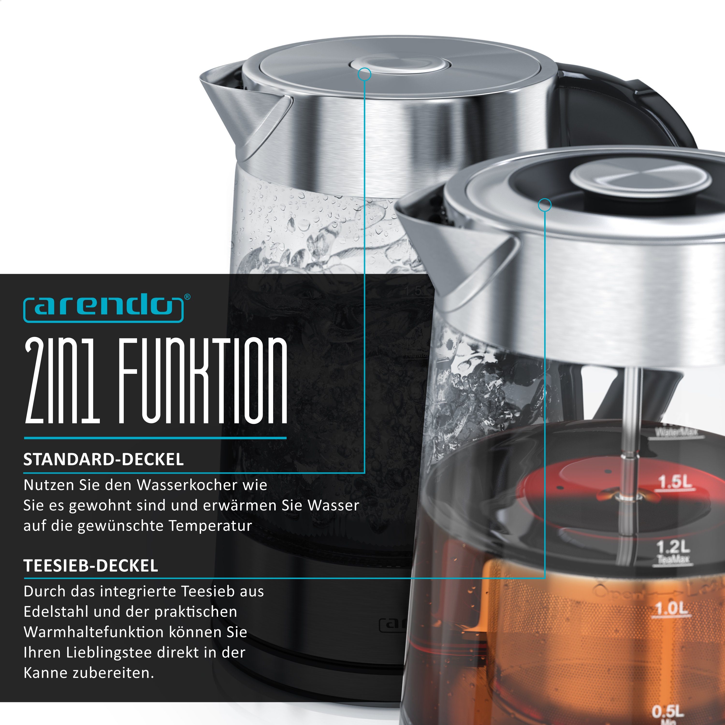 Arendo Frühstücks-Set (2-tlg), Wasserkocher 1,7l mit Teesieb & 2-Scheiben Toaster, Edelstahl