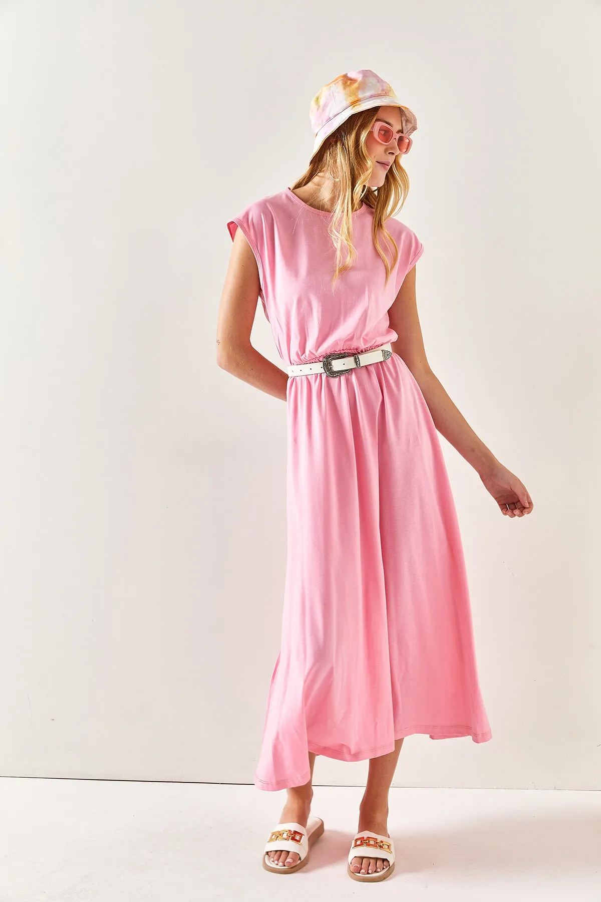 Olalook  Rosa Fledermaus-Baumwollkleid für Damen mit elastischem Bund ELB-19001509
