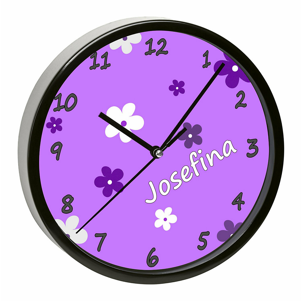 Kinder Wanduhr personalisiert mit Name Blumen Lila