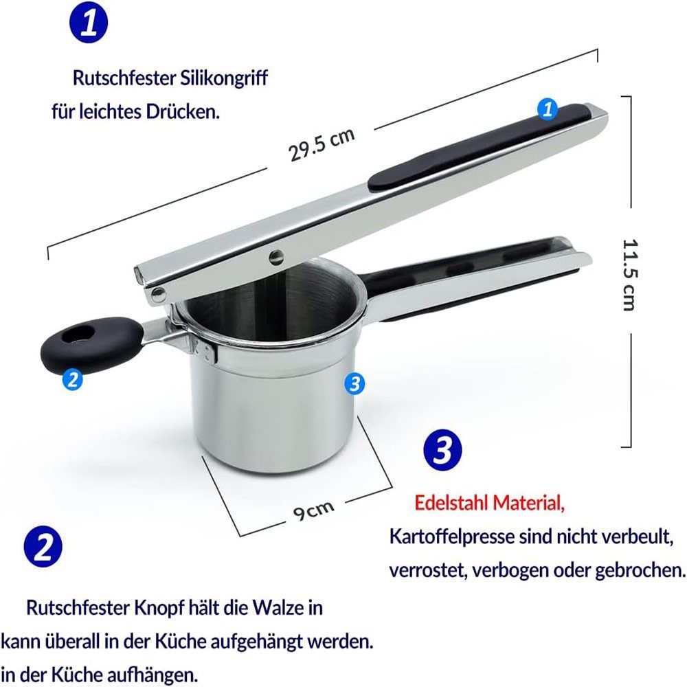 GLIESE Kartoffelpresse Kartoffelpresse Spätzlepresse Spaghettieispresse mit 3 Locheinsätzen, Edelstahl