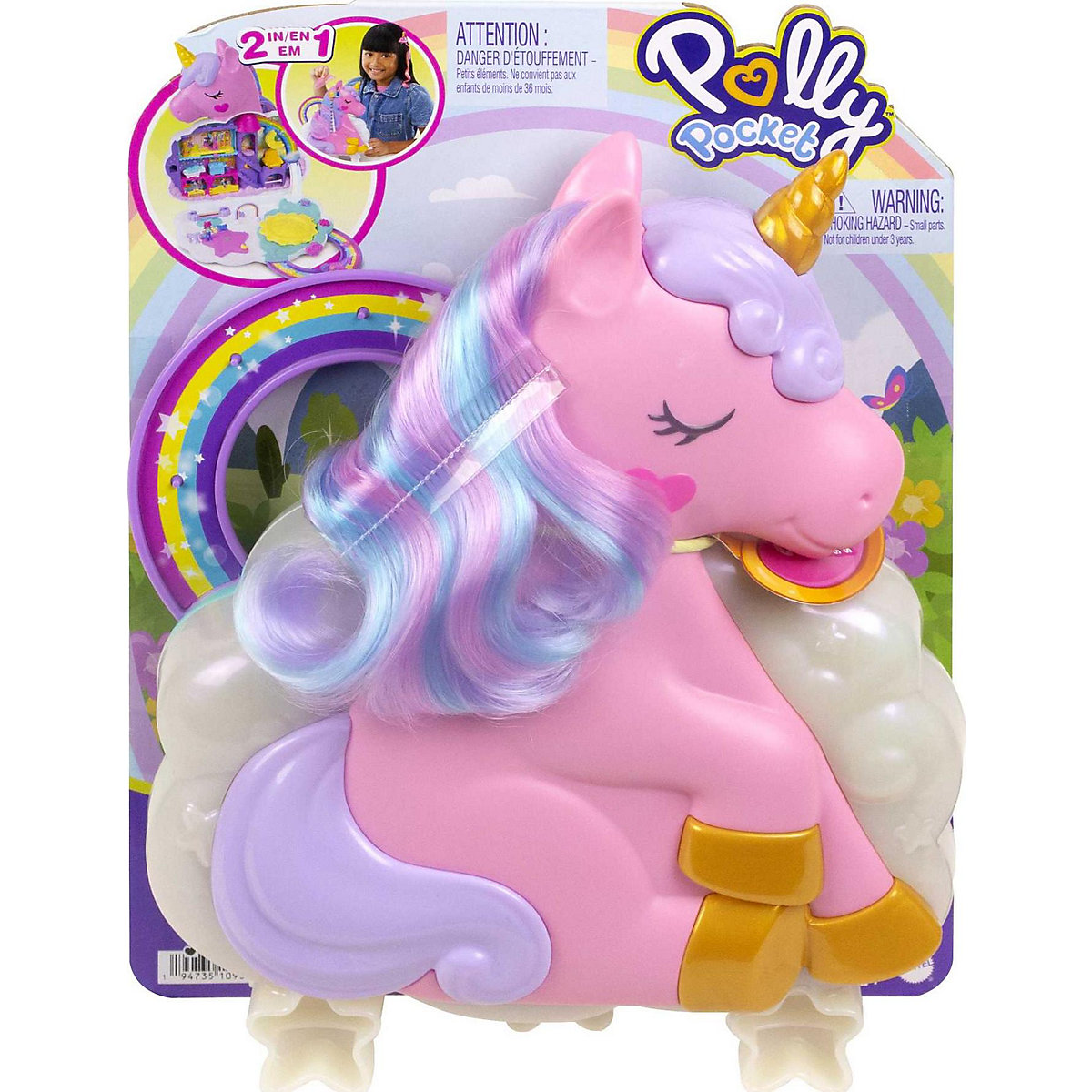Polly Pocket Mini-Spielzeug, Regenbogen-Einhorn-Salon-Spielset mit 2 Puppen und über 20 Zubehörteilen