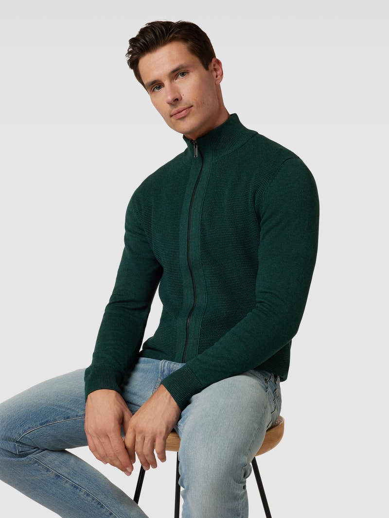 Strickjacke mit Stehkragen in dunkelgrün meliert