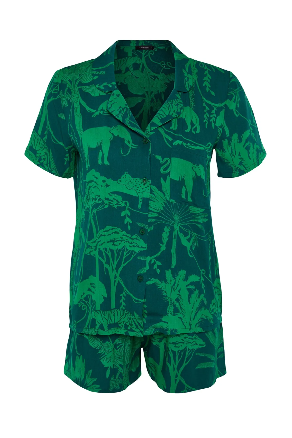 Trendyol Collection  Grünes Pyjama-Set aus Viskose mit detailliertem Aufdruck und Hemd und Shorts THMSS21PT1032