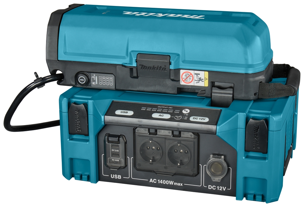 Accessoires Makita : Bloc d'alimentation mobile BAC01PDC01NL 1,4 kW + station de batterie dorsale PDC01 (batteries et chargeur non inclus).