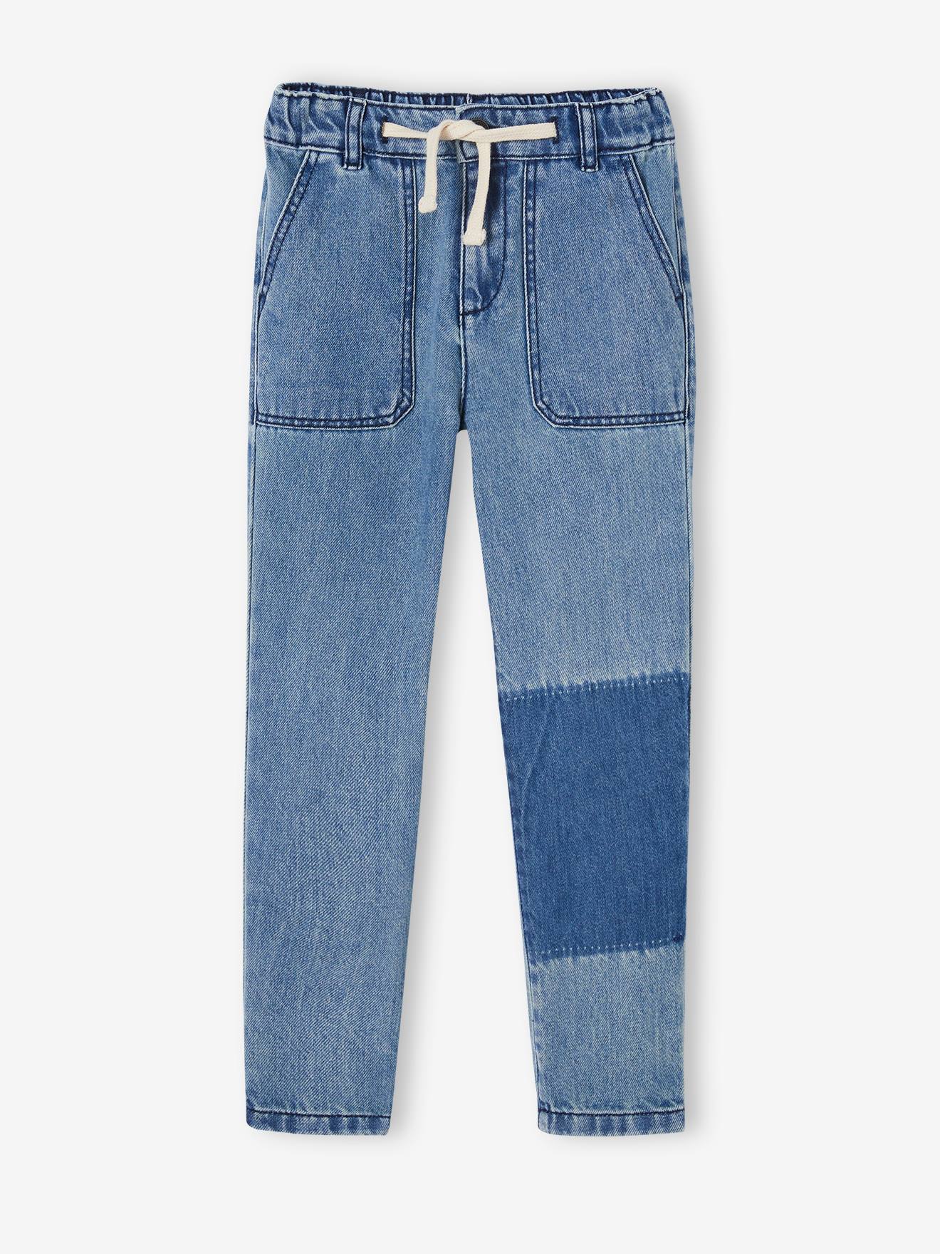 Jean droit loose effet patchs garçon denim bleached