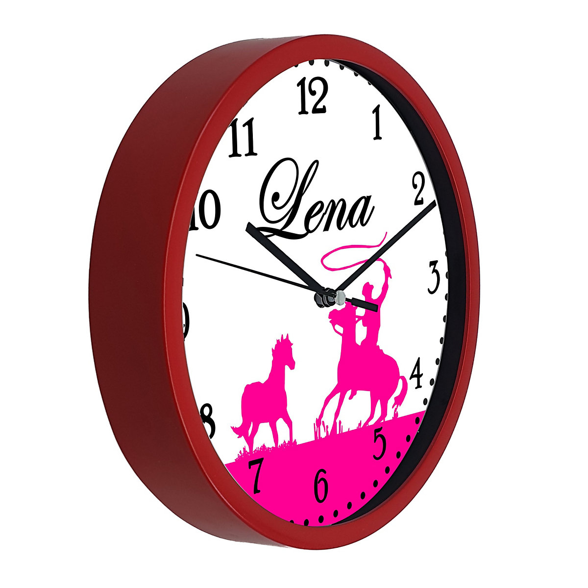 Kinder Wanduhr laufruhig personalisiert mit Name Pferde Cowboy Pink