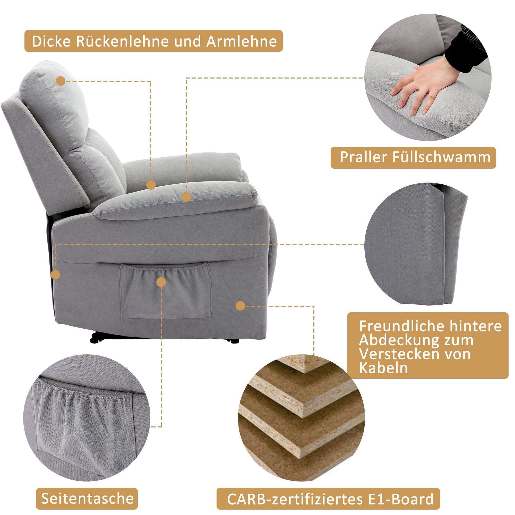 HAUSS SPLOE Relaxsessel Relaxsessel Einzelsessel Fernsehsessel (Seitentasche für Wohnzimmer XL Sessel), Hochwertiges Material