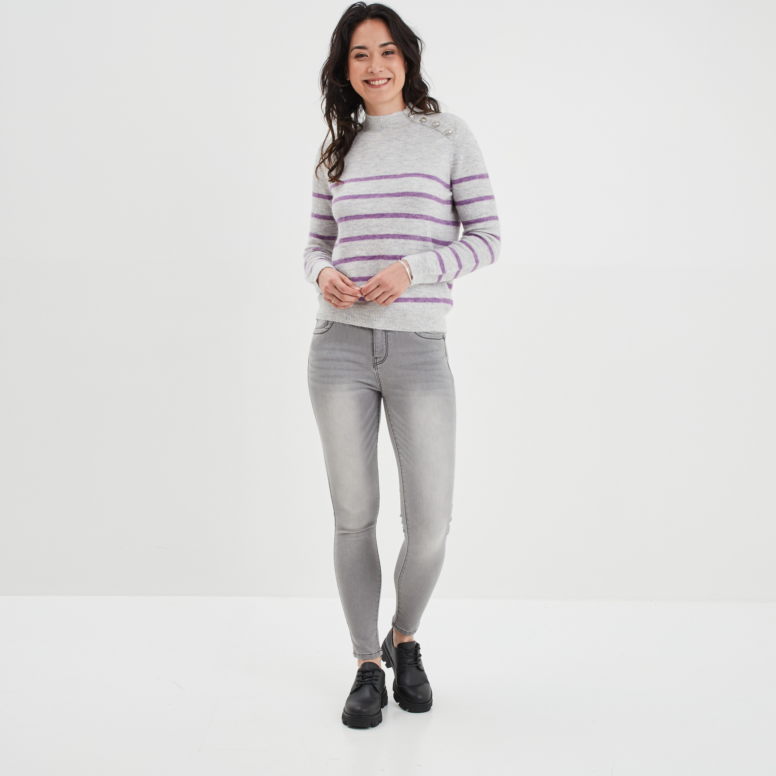 Pull marinière boutons à l'épaule gris clair femme | La Halle