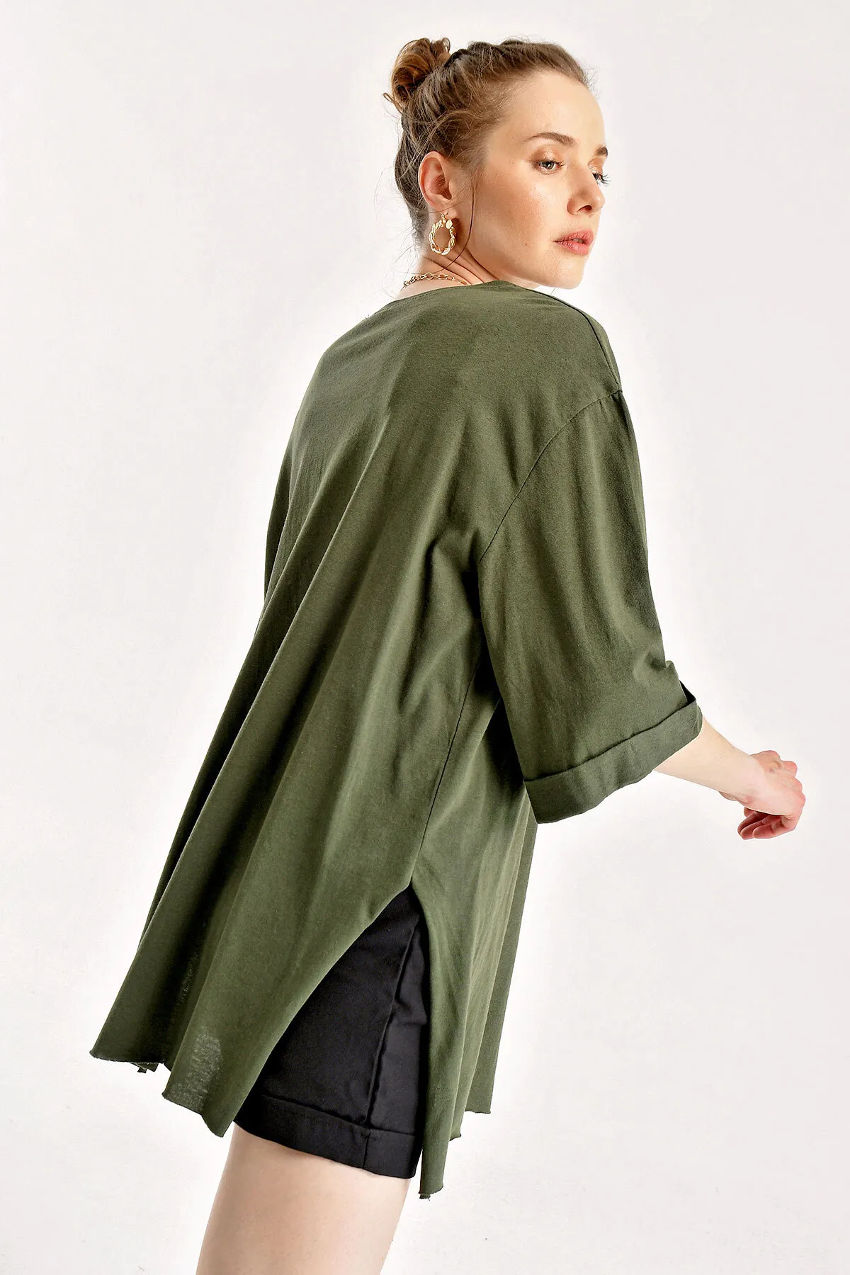 Bigdart  4123 Übergroßes T-Shirt mit Schlitz – Khaki
