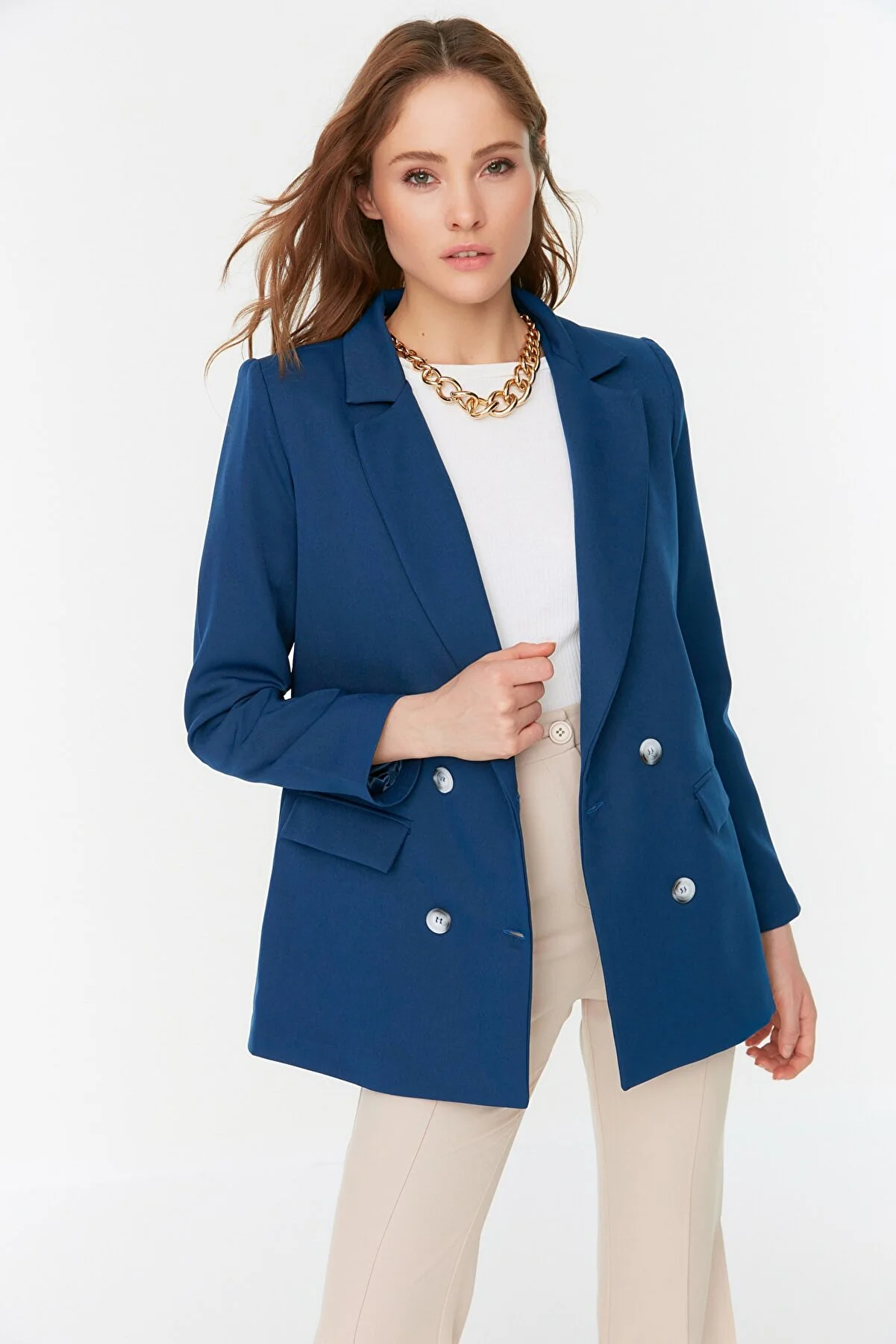 Trendyol Collection  Indigofarbener, regelmäßig gefütterter, zweireihiger, gewebter Blazer-Jacke TWOAW21CE0264