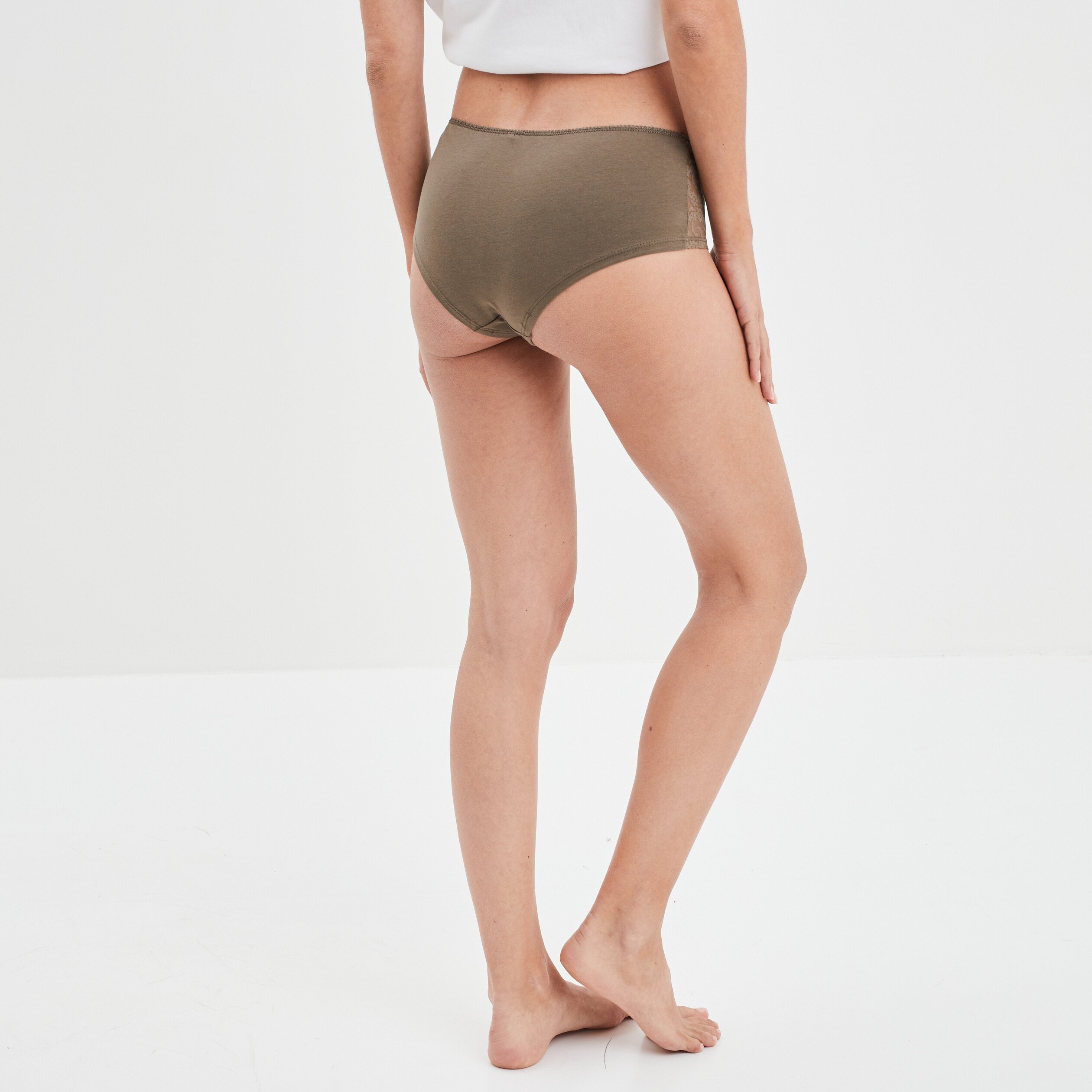 Shorty en coton avec dentelle vert kaki femme | La Halle