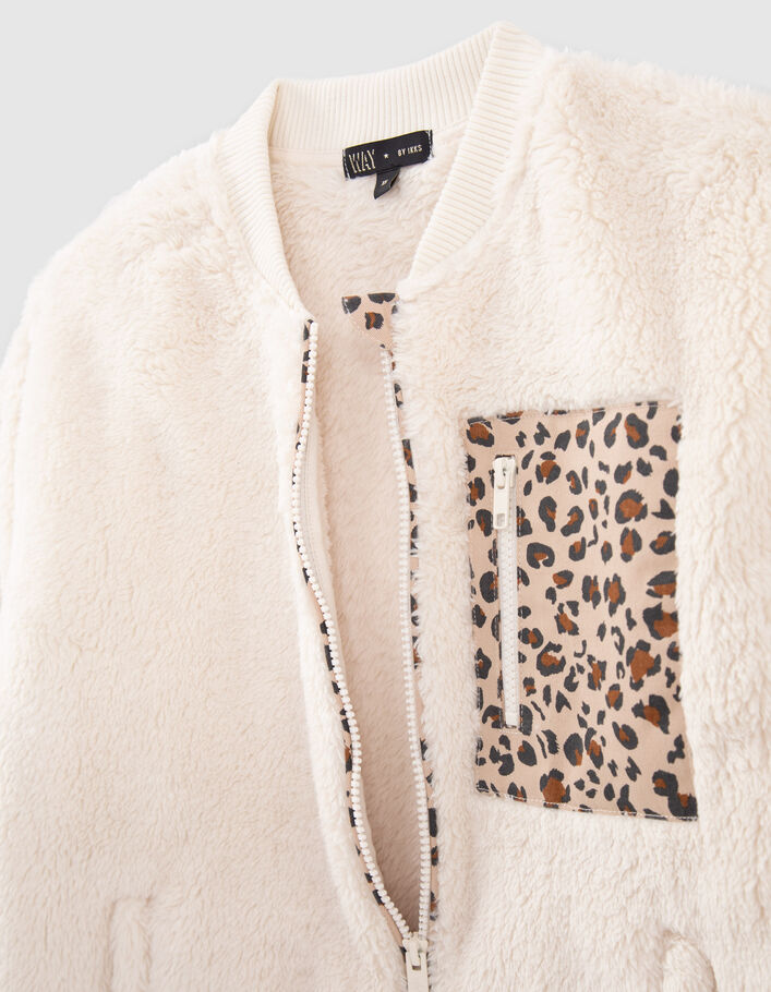 Cardigan écru fourré avec détails motif léopard fille