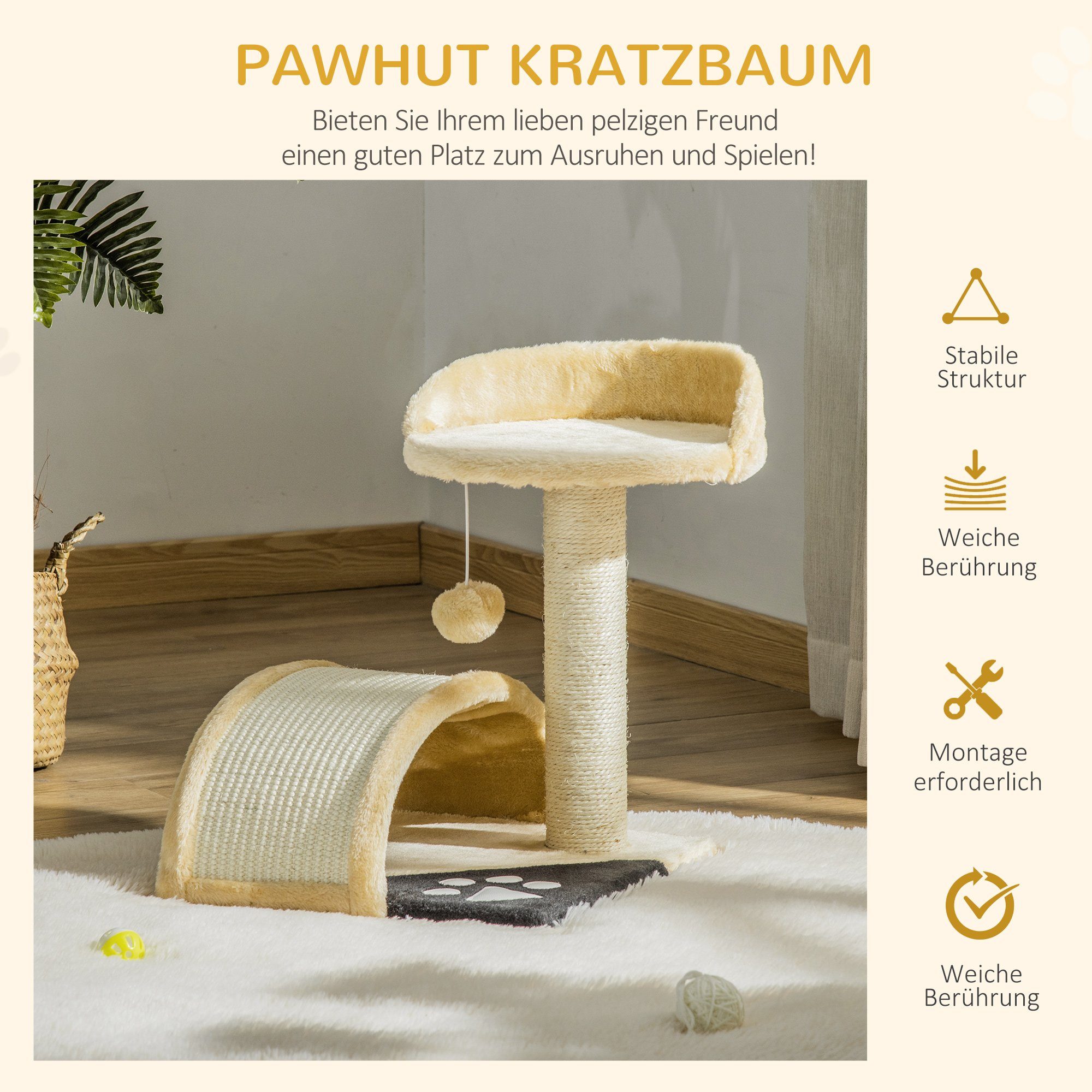 PawHut Kratzbaum Katzenbaum mit Spielbällen Sisalseil-Kratzstangen, Beige, 35.5L x 37B x 46H cm