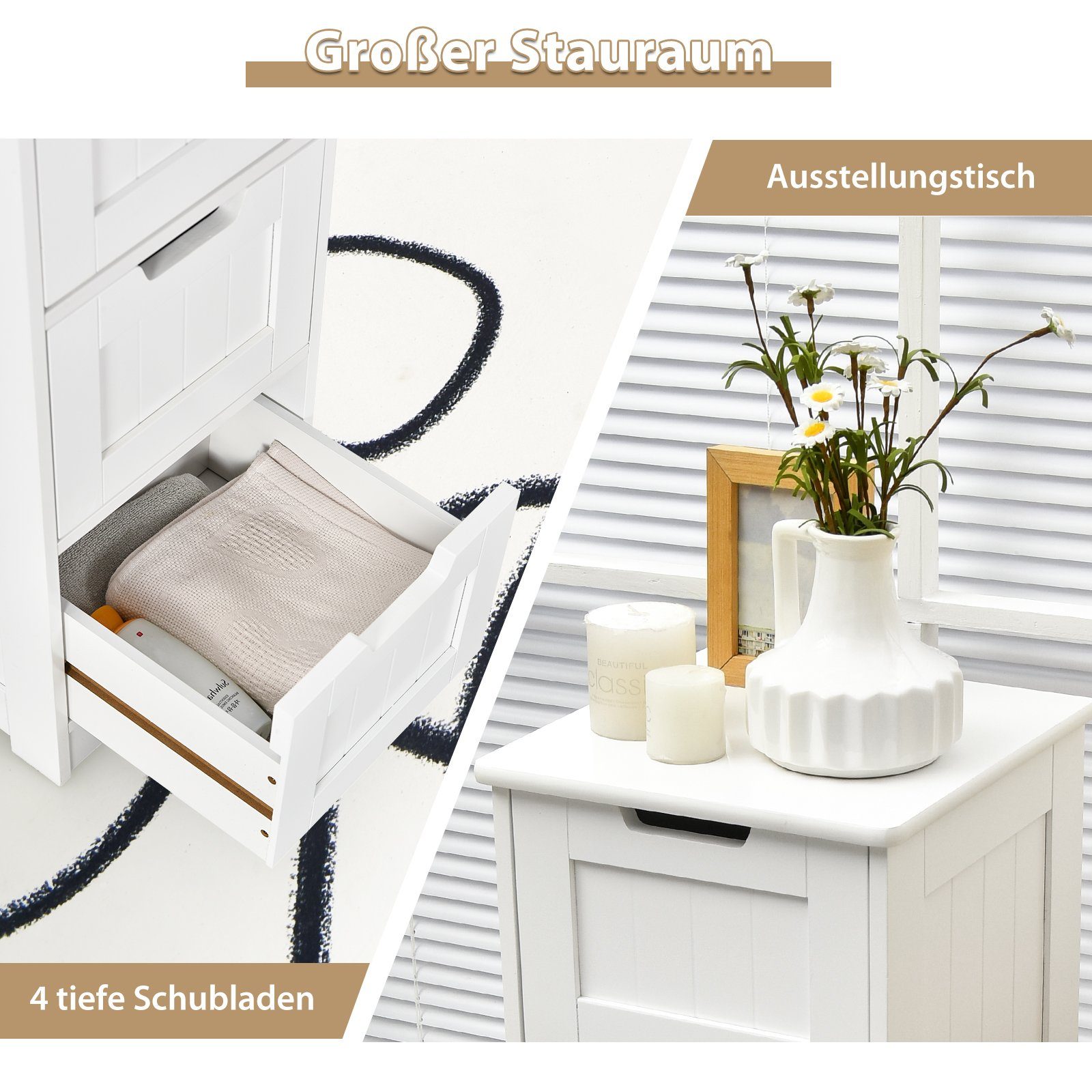 COSTWAY Badkommode, Badezimmerschrank mit 4 Schubladen, 30 x 30 x 83 cm, Weiß