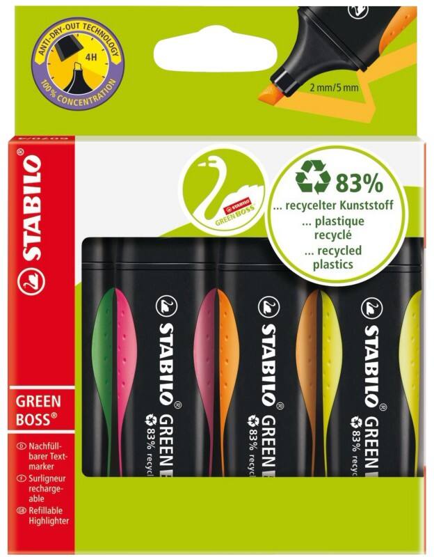 STABILO Green Boss Textmarker Farbig sortiert Breit Keilspitze 2-5 mm Nachfüllbar 4 Stück