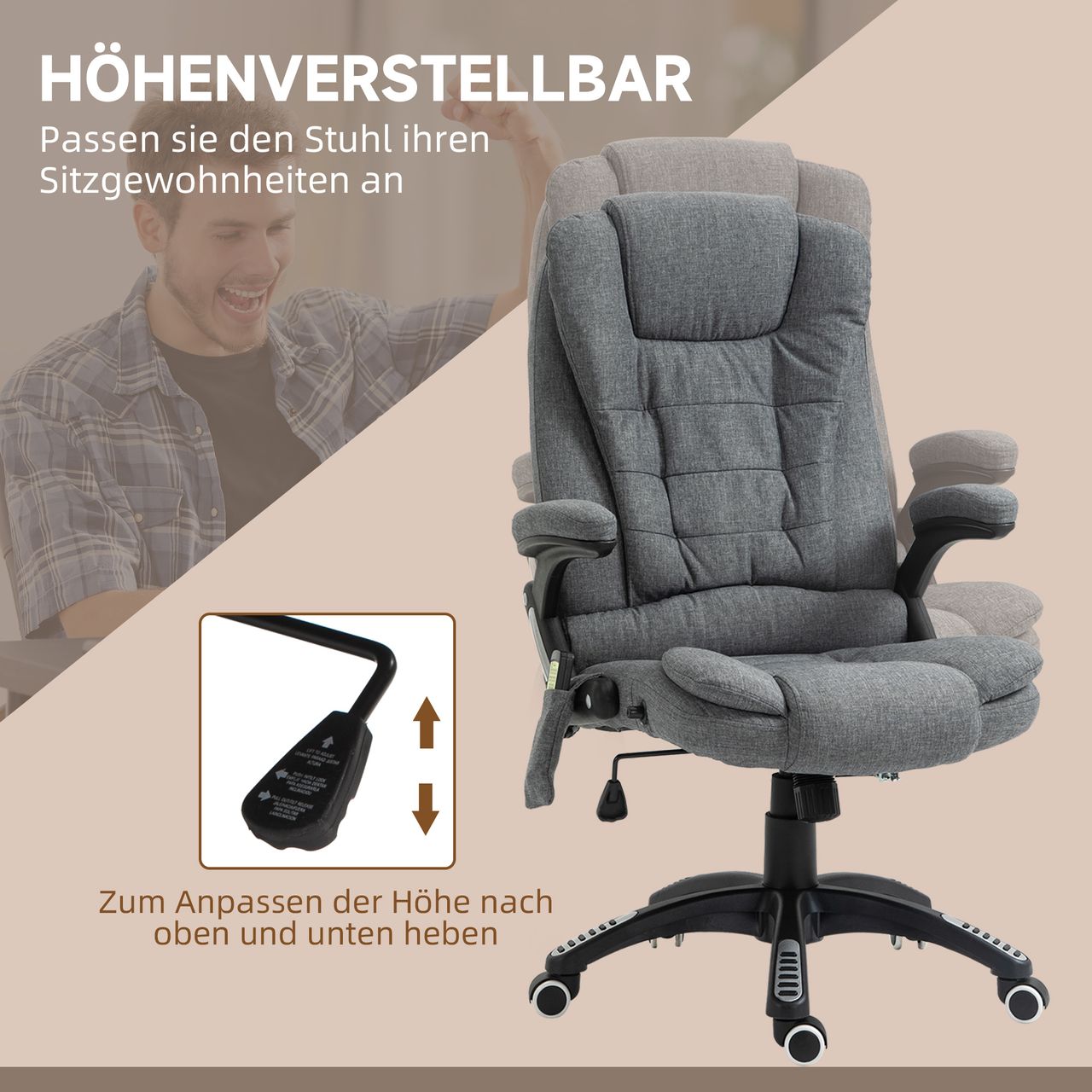 Vinsetto Massagesessel Chefsessel mit Massagefunktion höhenverstellbarer Drehstuhl ergonomischer Gamingstuhl Bürostuhl massage Dunkelgrau 68 x 72 x 110–120 cm