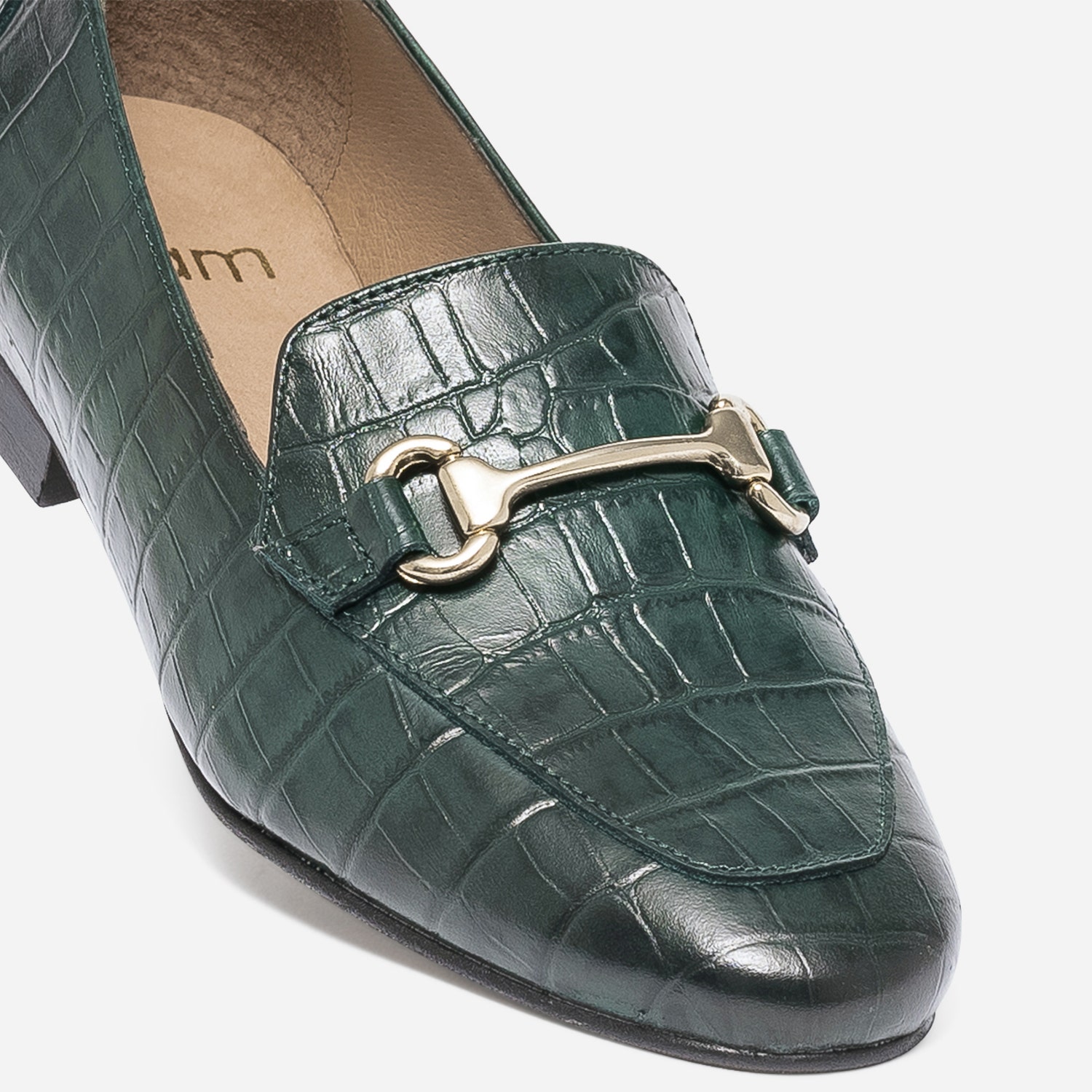Mocassin vert en cuir effet croco à mors