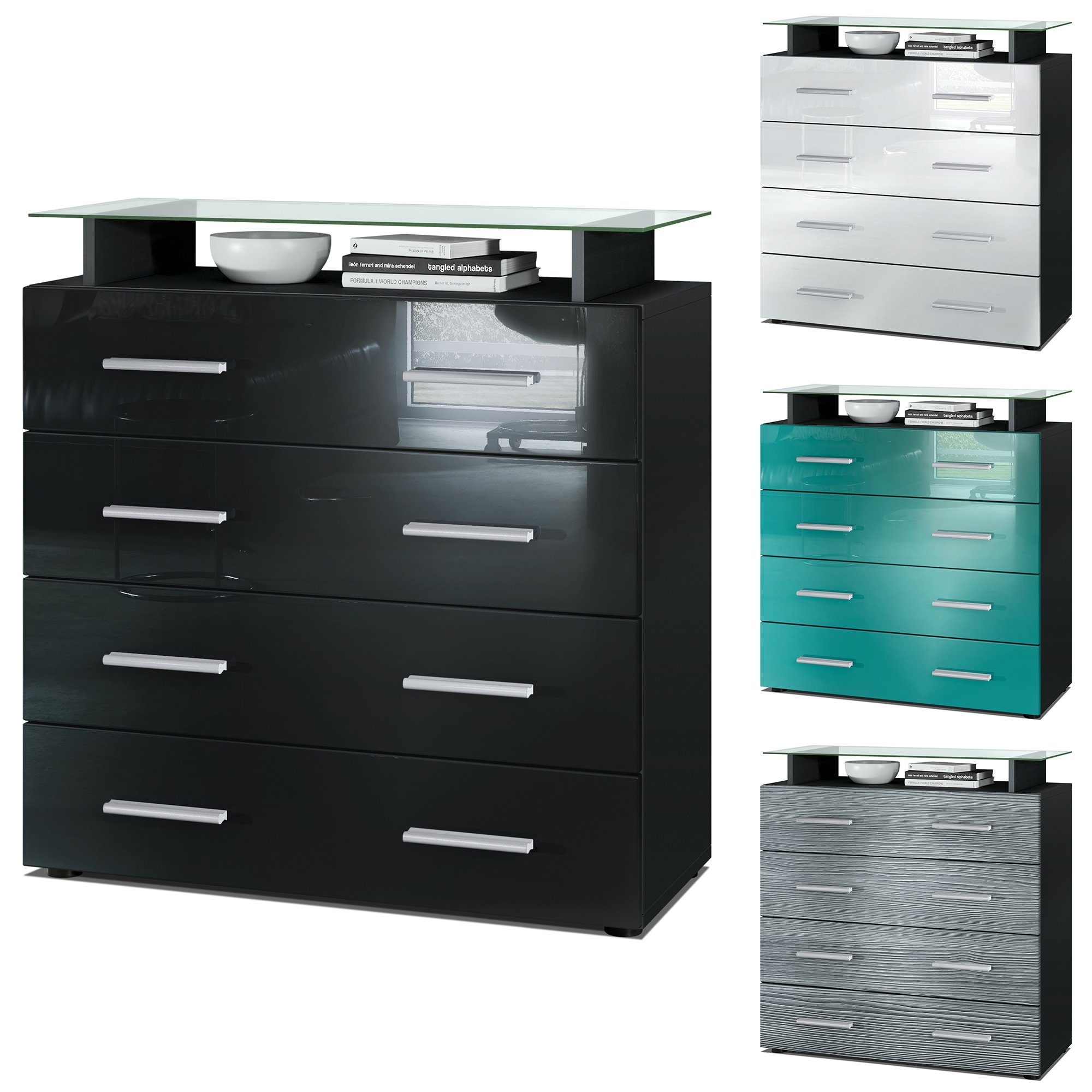 Vladon Kommode Pavos (Kommode, mit 4 Schubladen und Glasablage), Schwarz matt/Weiß Hochglanz (76 x 81 x 35 cm)