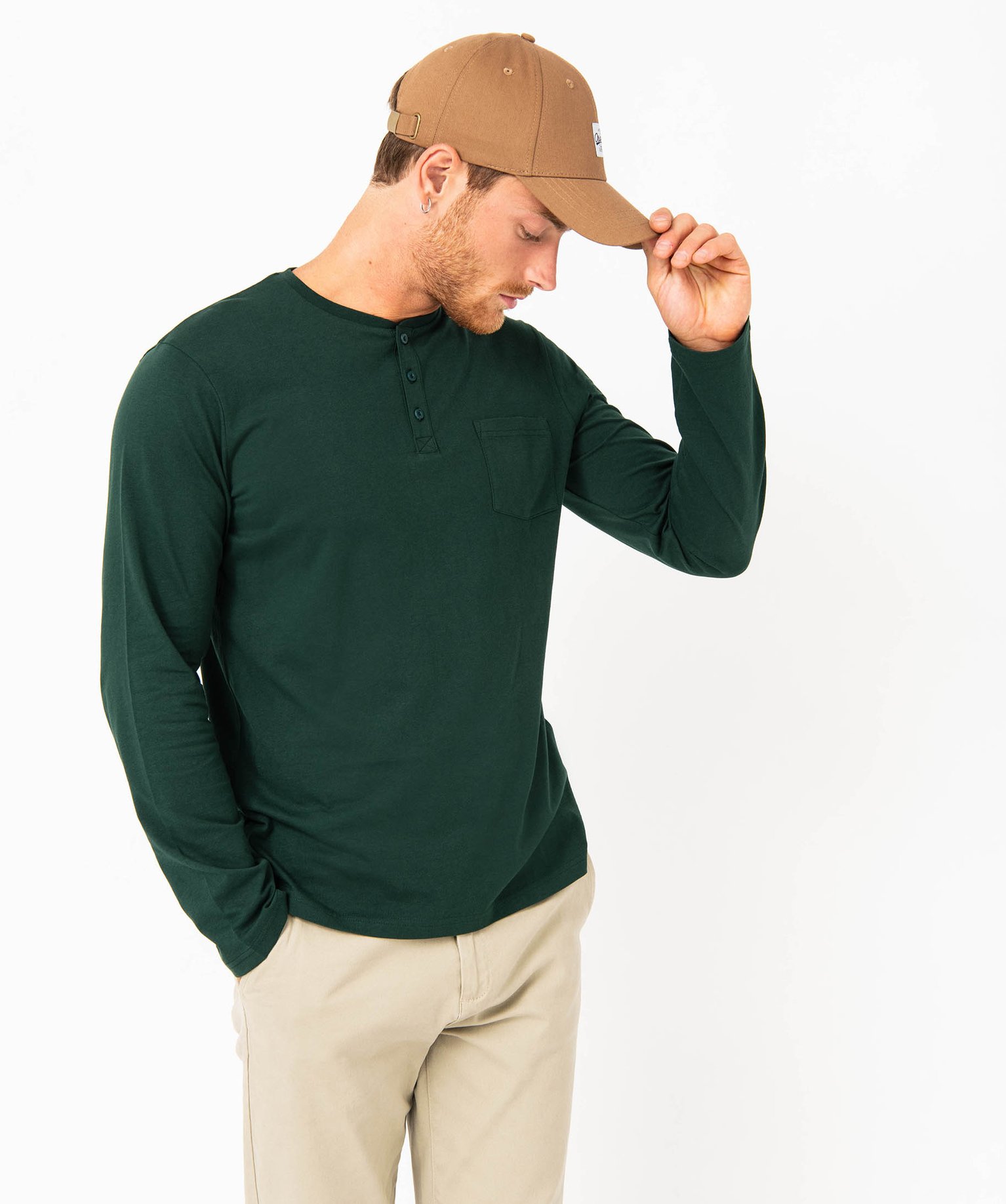 Tee-shirt à manches longues et col tunisien homme vert | GEMO