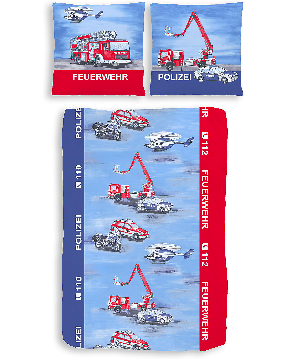 Kinderbettwäsche Polizei & Feuerwehr, Biber, 135 x 200 cm + 80 x 80 cm
